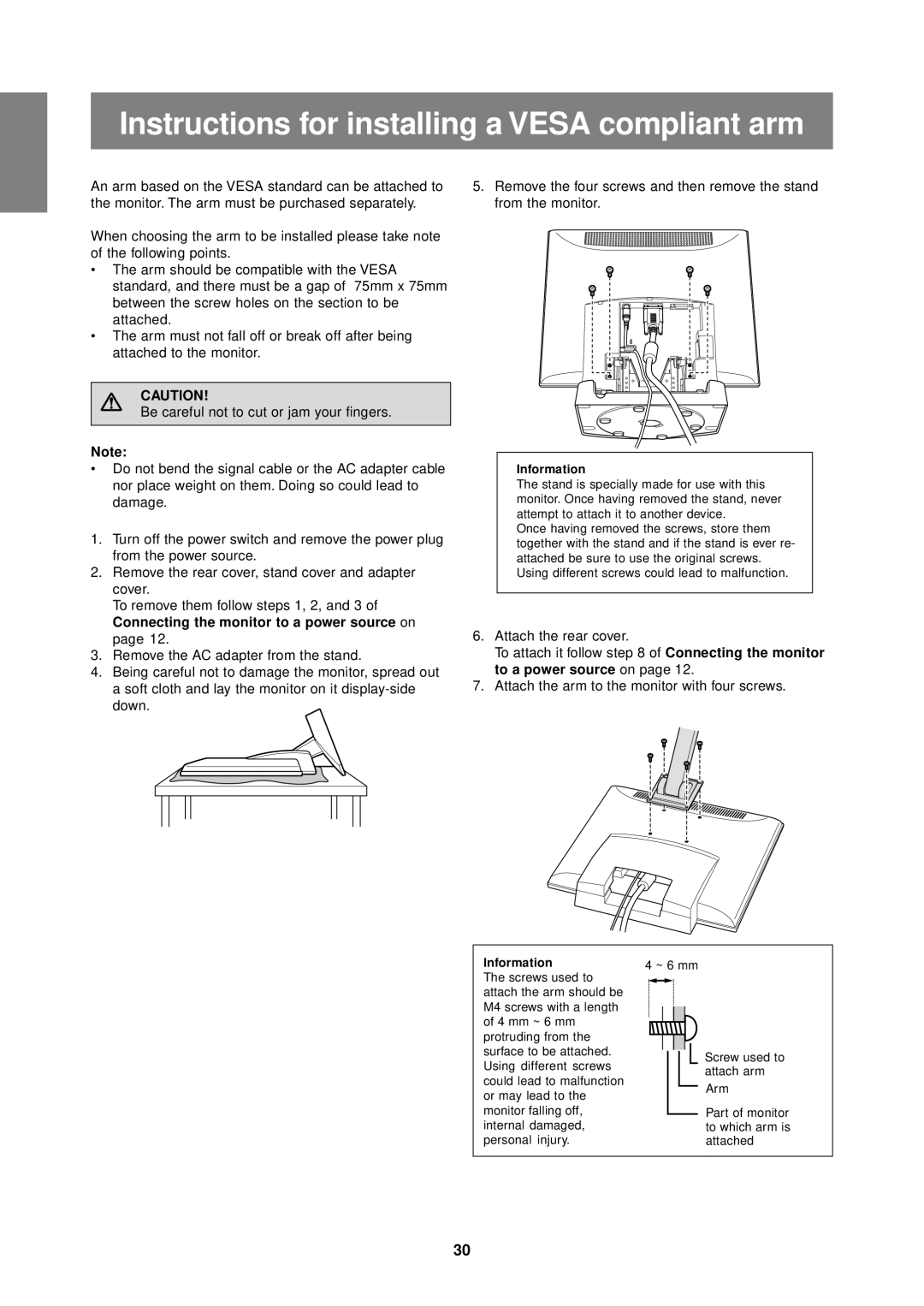 Sharp LL-T1610W operation manual Instructions for installing a Vesa compliant arm, Attach the rear cover 