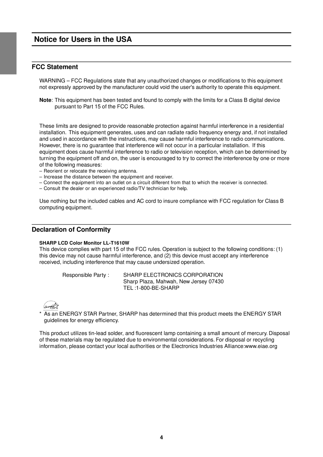 Sharp operation manual FCC Statement, Declaration of Conformity, Sharp LCD Color Monitor LL-T1610W 