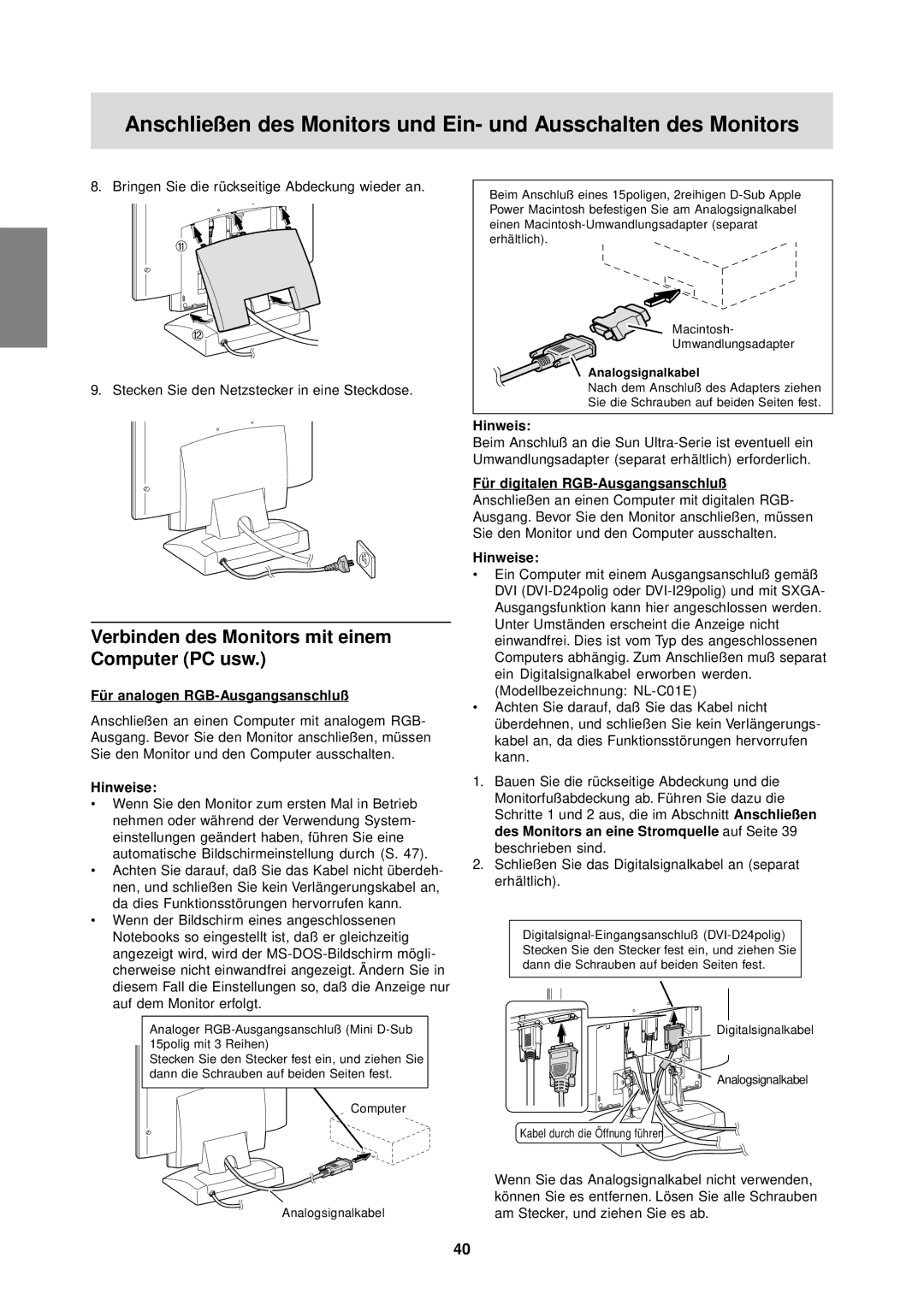 Sharp LL-T1610W operation manual Verbinden des Monitors mit einem Computer PC usw, Für analog en RGB-Ausgangsanschluß 