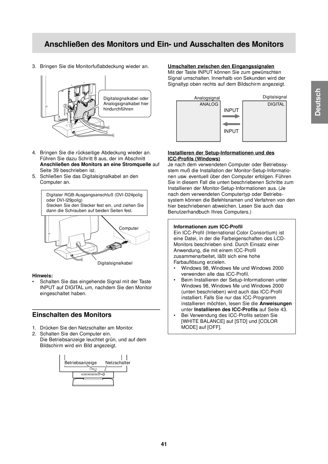 Sharp LL-T1610W operation manual Einschalten des Monitors, Schließ en Sie das Digitalsignalkabel an den Computer an 