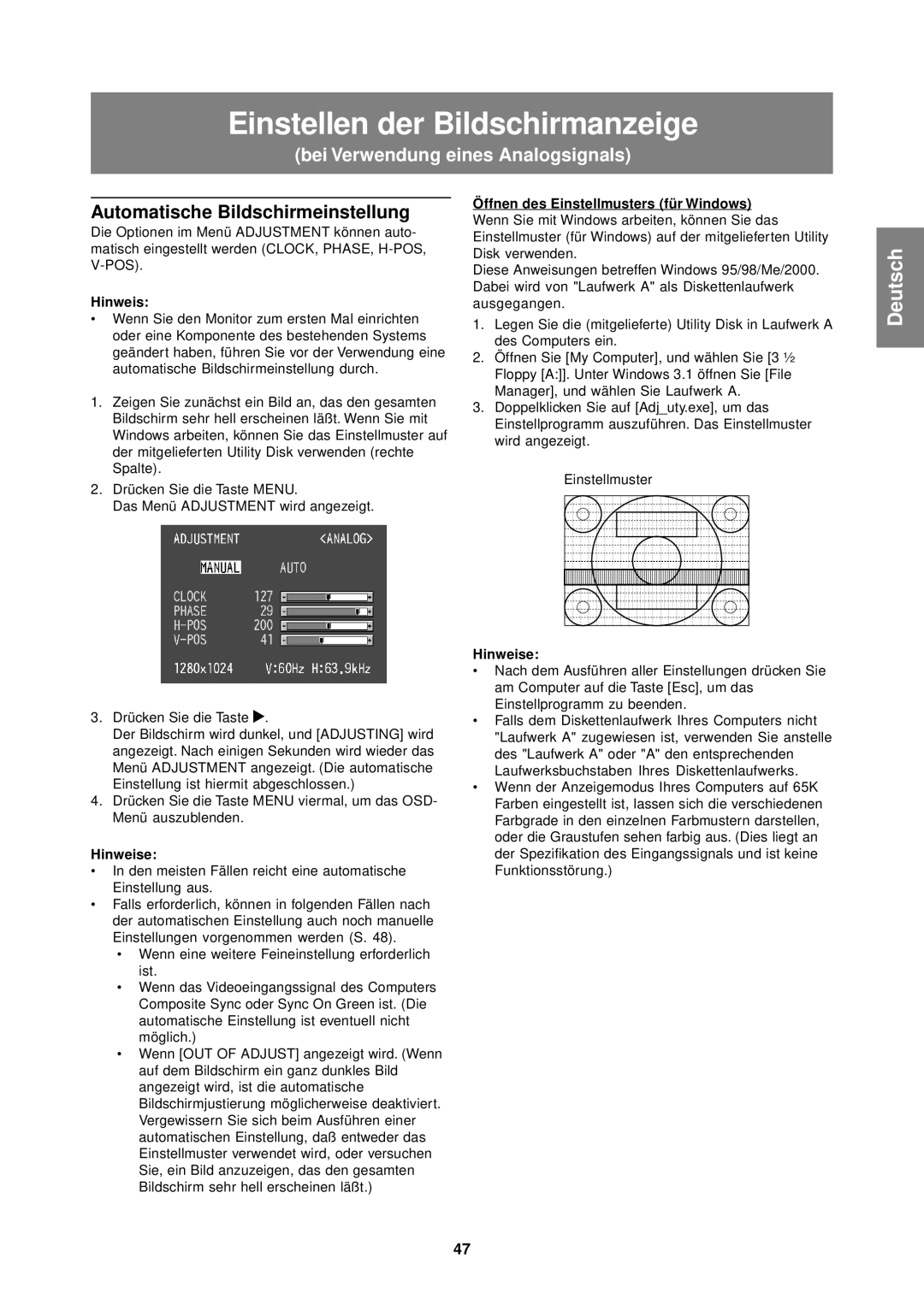 Sharp LL-T1610W operation manual Einstellen der Bildschirmanzeige, Automatische Bildschirmeinstellung 