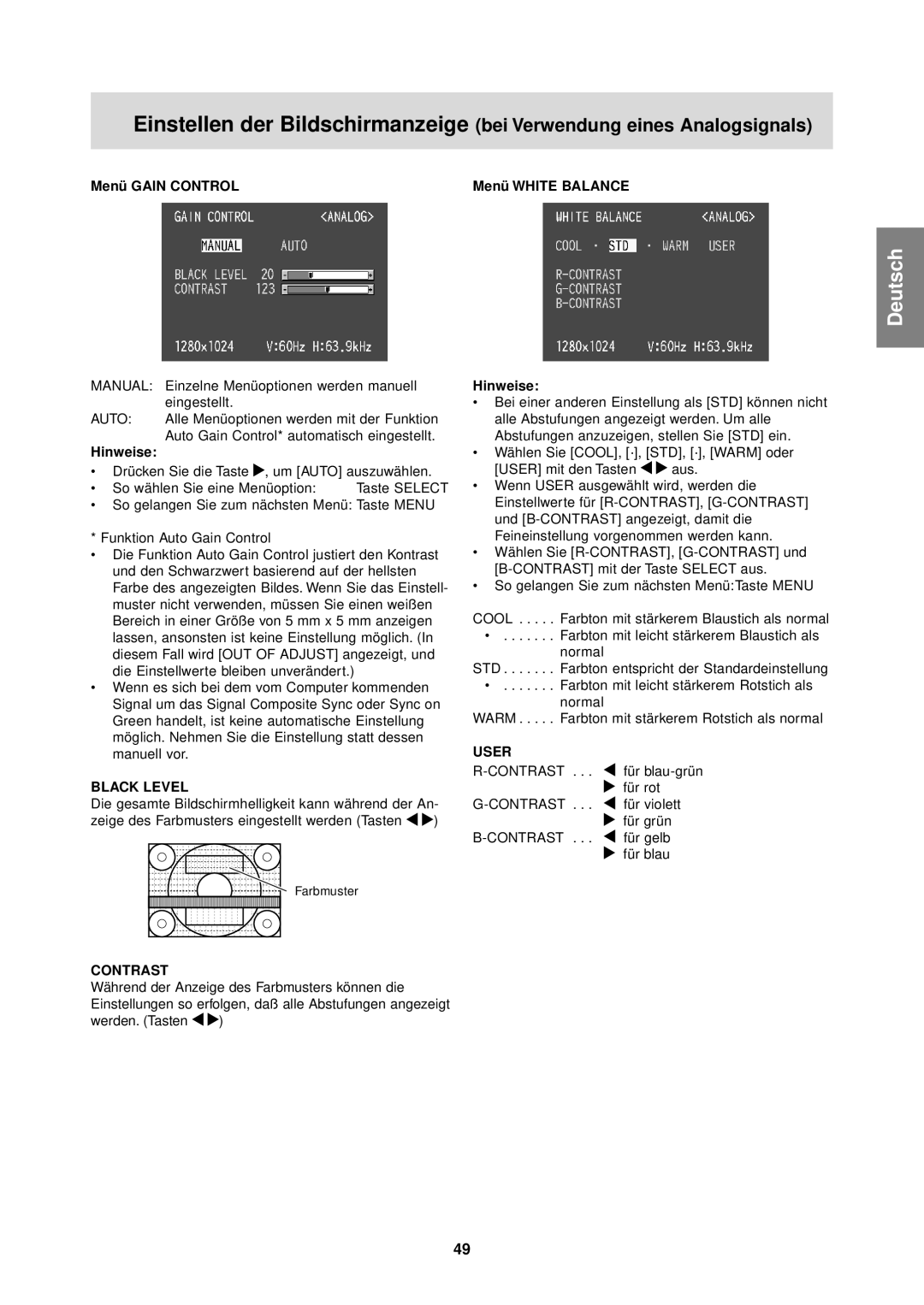 Sharp LL-T1610W operation manual Menü Gain Control Menü White Balance 