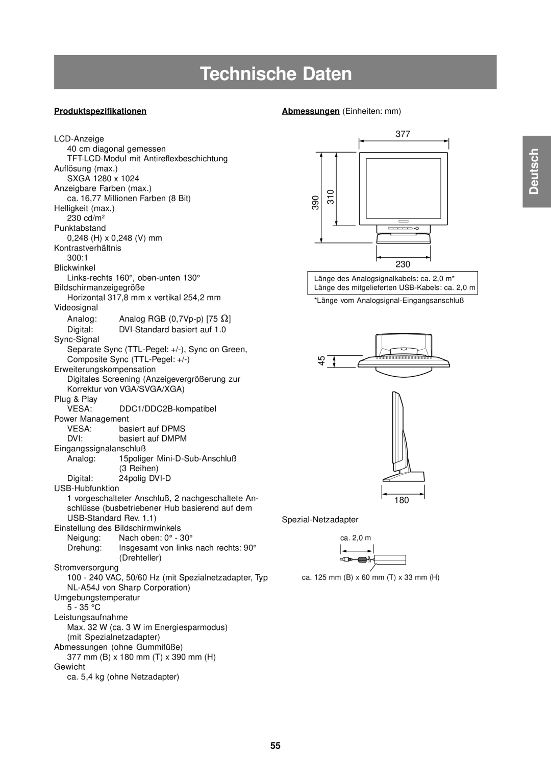 Sharp LL-T1610W operation manual Technische Daten, Produktspezifikationen 