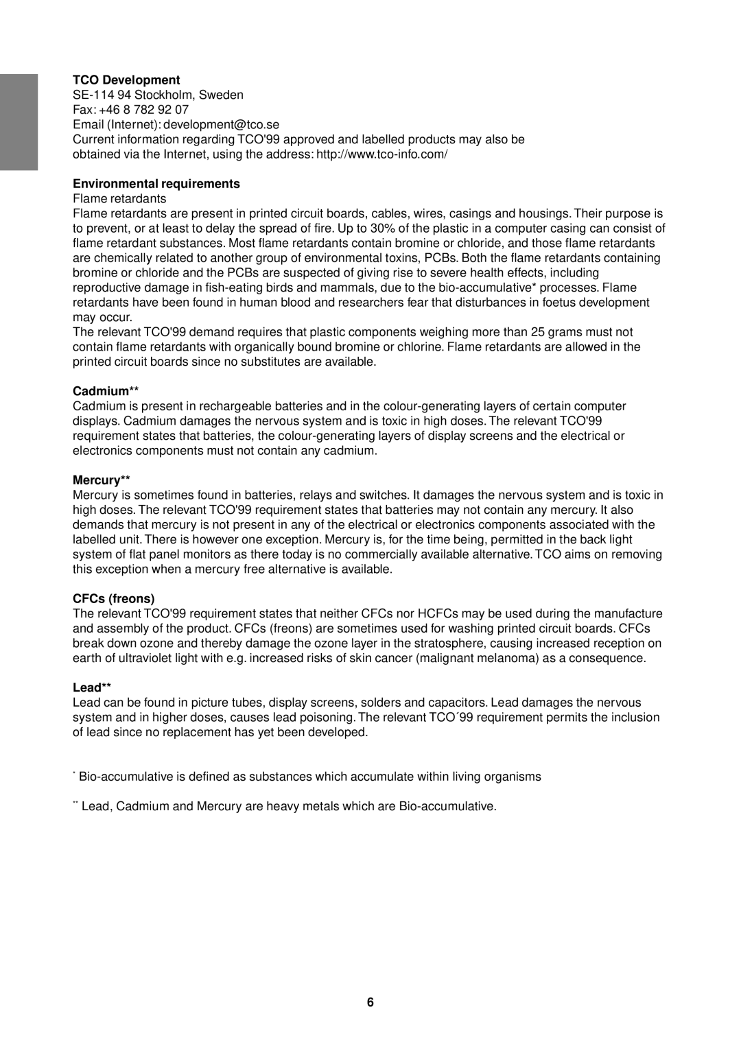 Sharp LL-T1610W operation manual TCO Development, Environmental requirements, Cadmium, Mercury, CFCs freons, Lead 