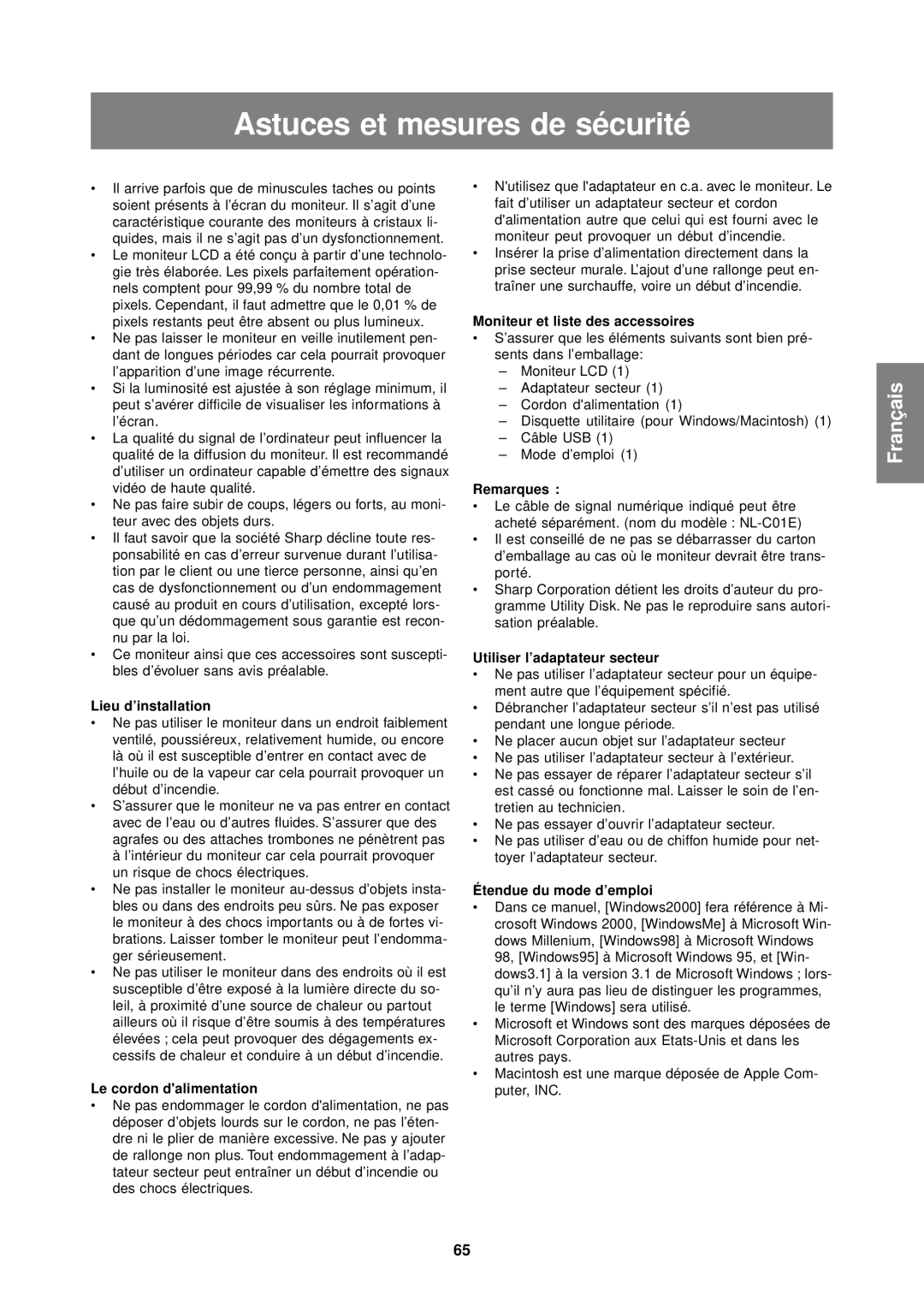 Sharp LL-T1610W operation manual Astuces et mesures de sécurité 