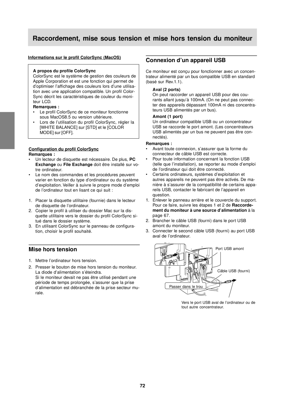 Sharp LL-T1610W Mise hors tension, Connexion d’un appareil USB, Configuration du profil ColorSync Remarques, Aval 2 ports 