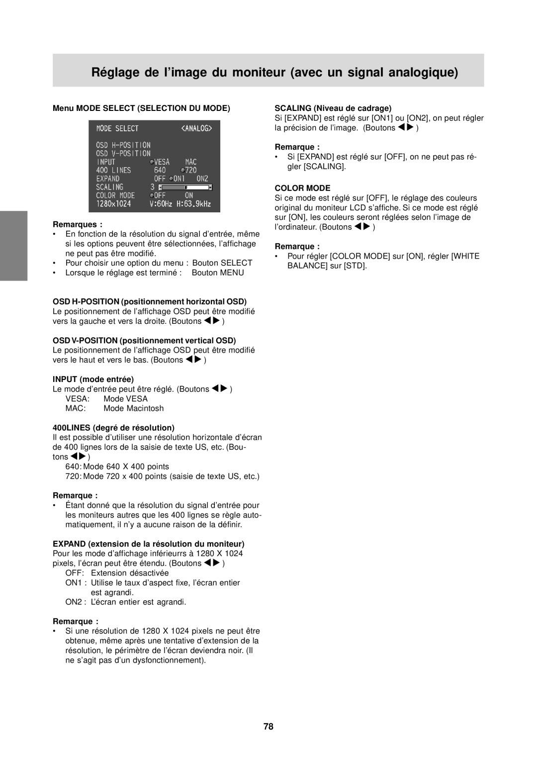 Sharp LL-T1610W operation manual Menu Mode Select Selection DU Mode Remarques, OSD V-POSITION positionnement vertical OSD 