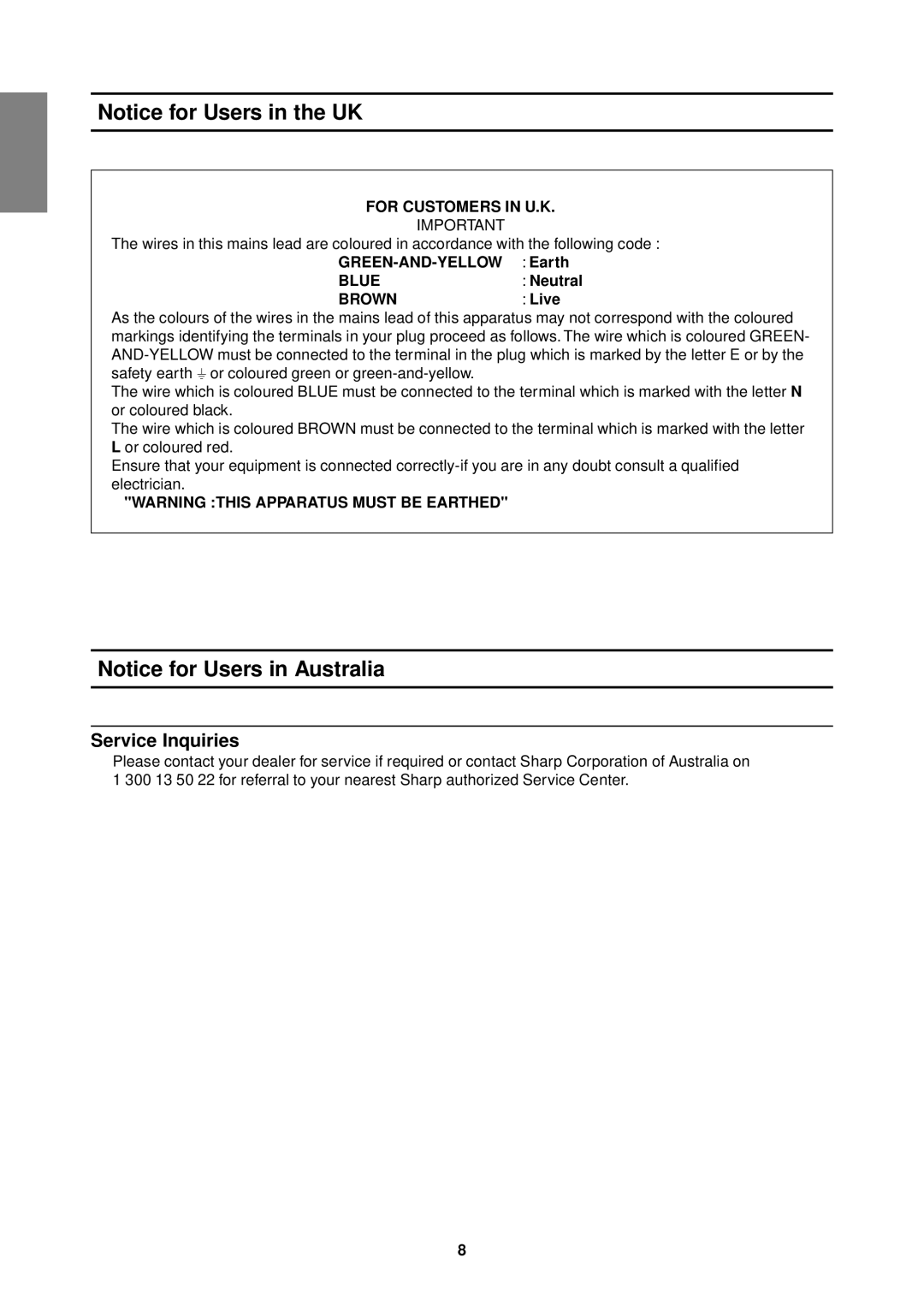 Sharp LL-T1610W operation manual Service Inquiries, GREEN-AND-YELLOW Earth, Neutral, Live 