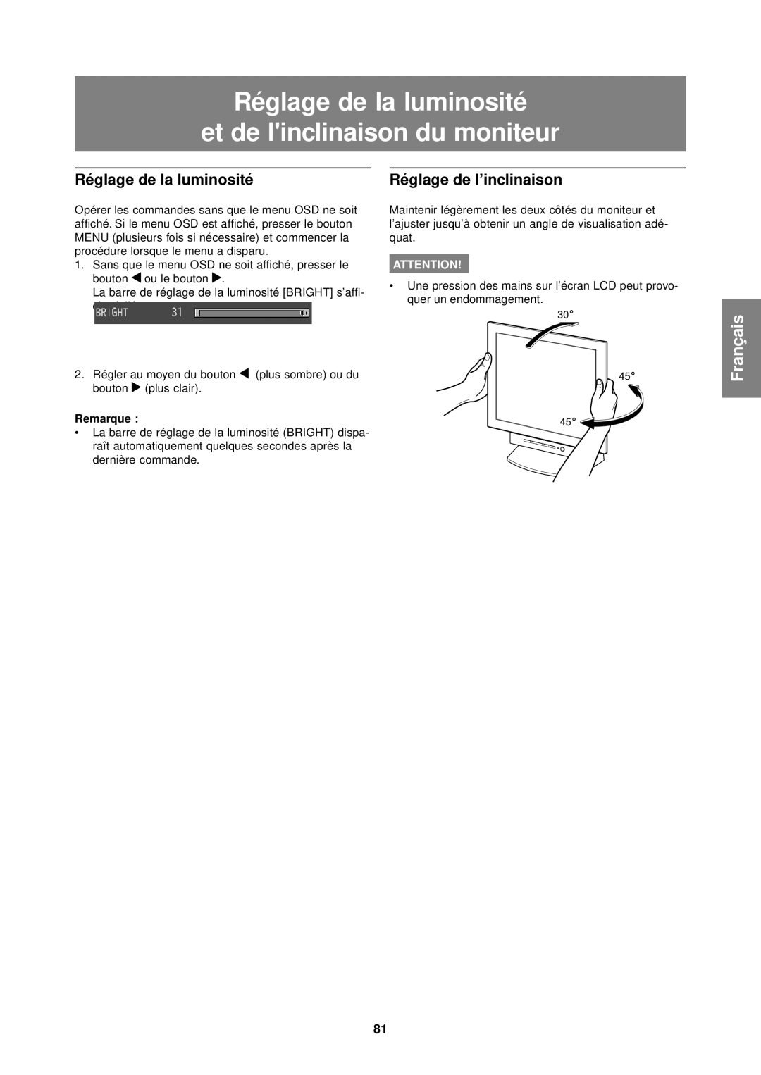 Sharp LL-T1610W operation manual Réglage de la luminosité Et de linclinaison du moniteur, Réglage de l’inclinaison 