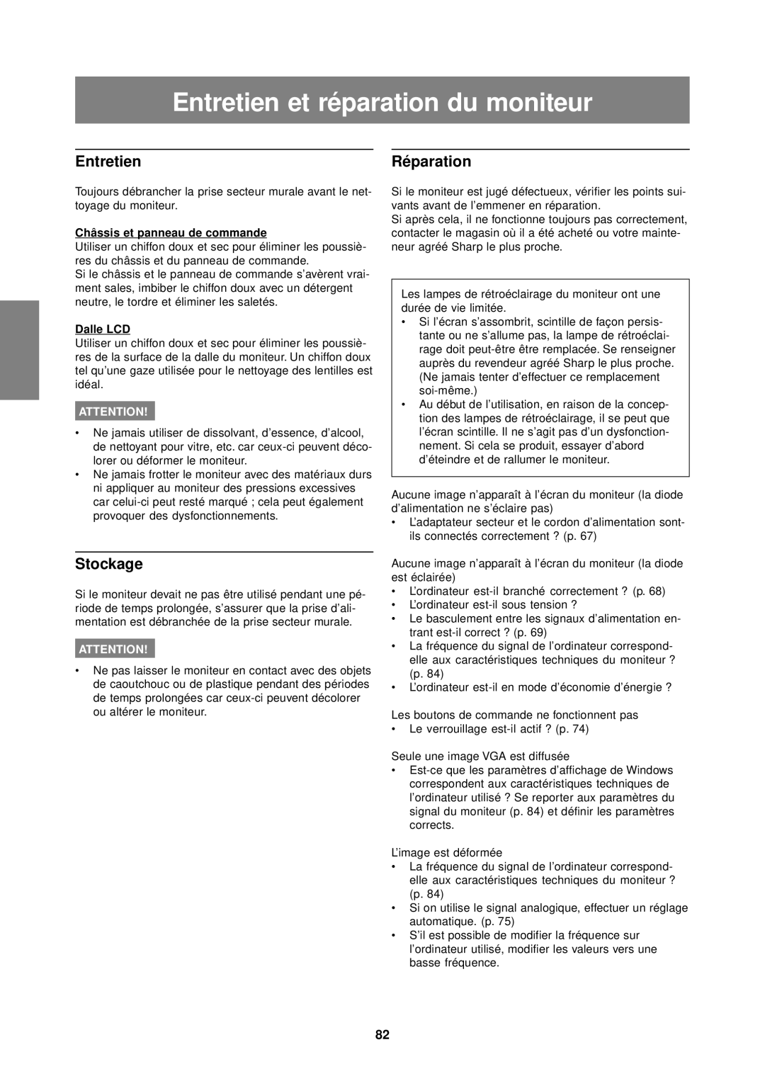 Sharp LL-T1610W operation manual Entretien et réparation du moniteur, Stockage, Châssis et panneau de commande, Dalle LCD 