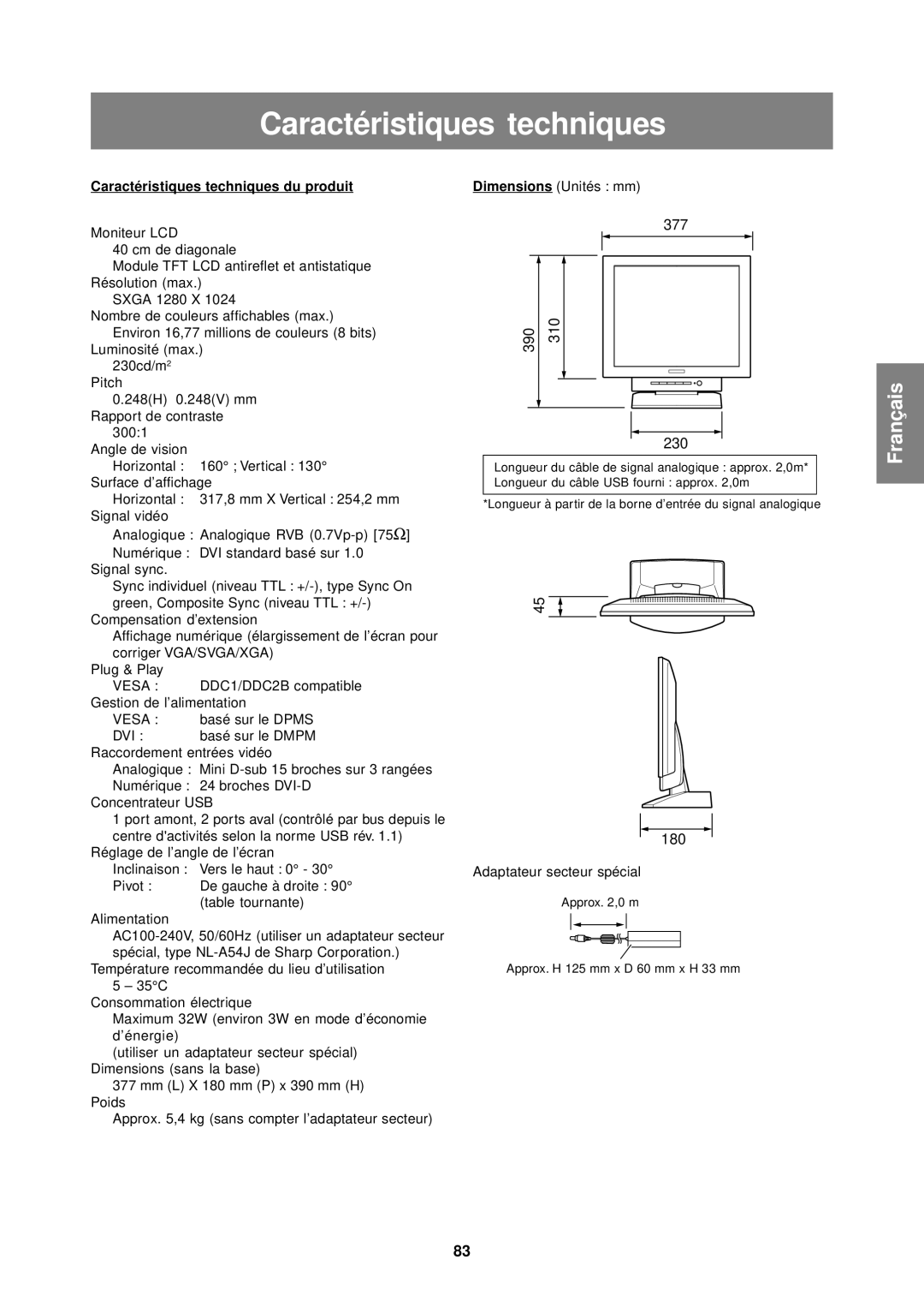 Sharp LL-T1610W Caractéristiques techniques, Caractéristiques tec hniques du produit, Adaptateur secteur spécial 