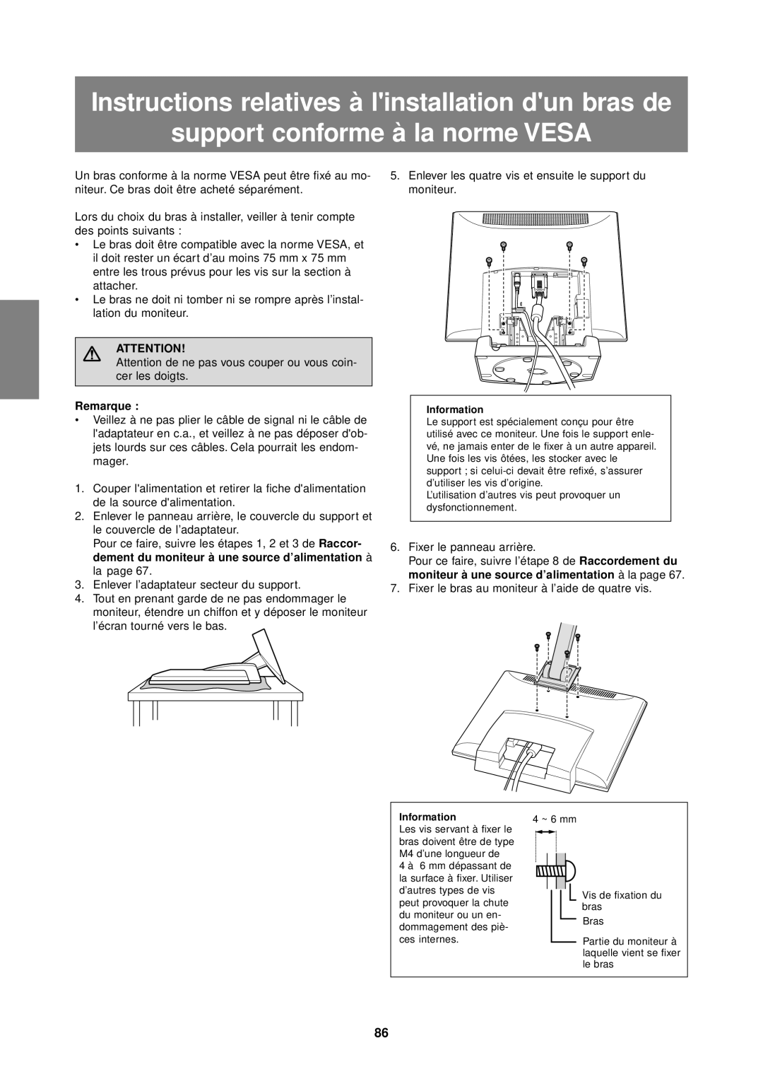 Sharp LL-T1610W operation manual Fixer le panneau arrière, Fixer le bras au moniteur à l’aide de quatre vis 