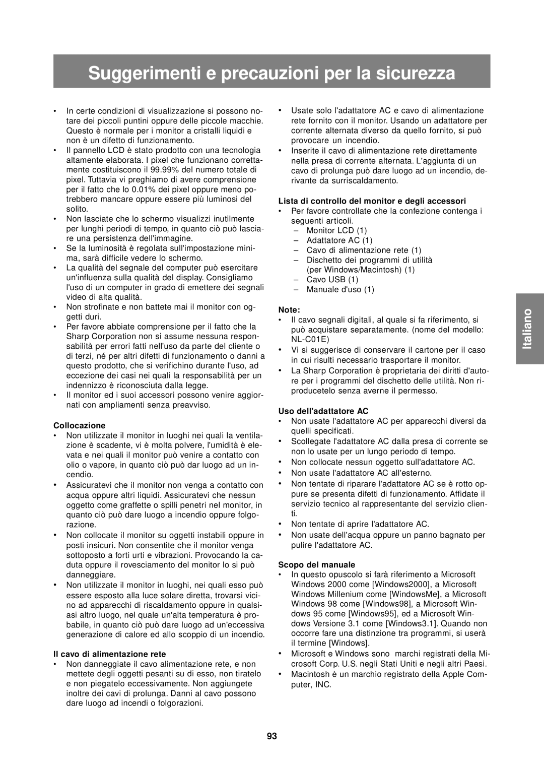 Sharp LL-T1610W operation manual Suggerimenti e precauzioni per la sicurezza 