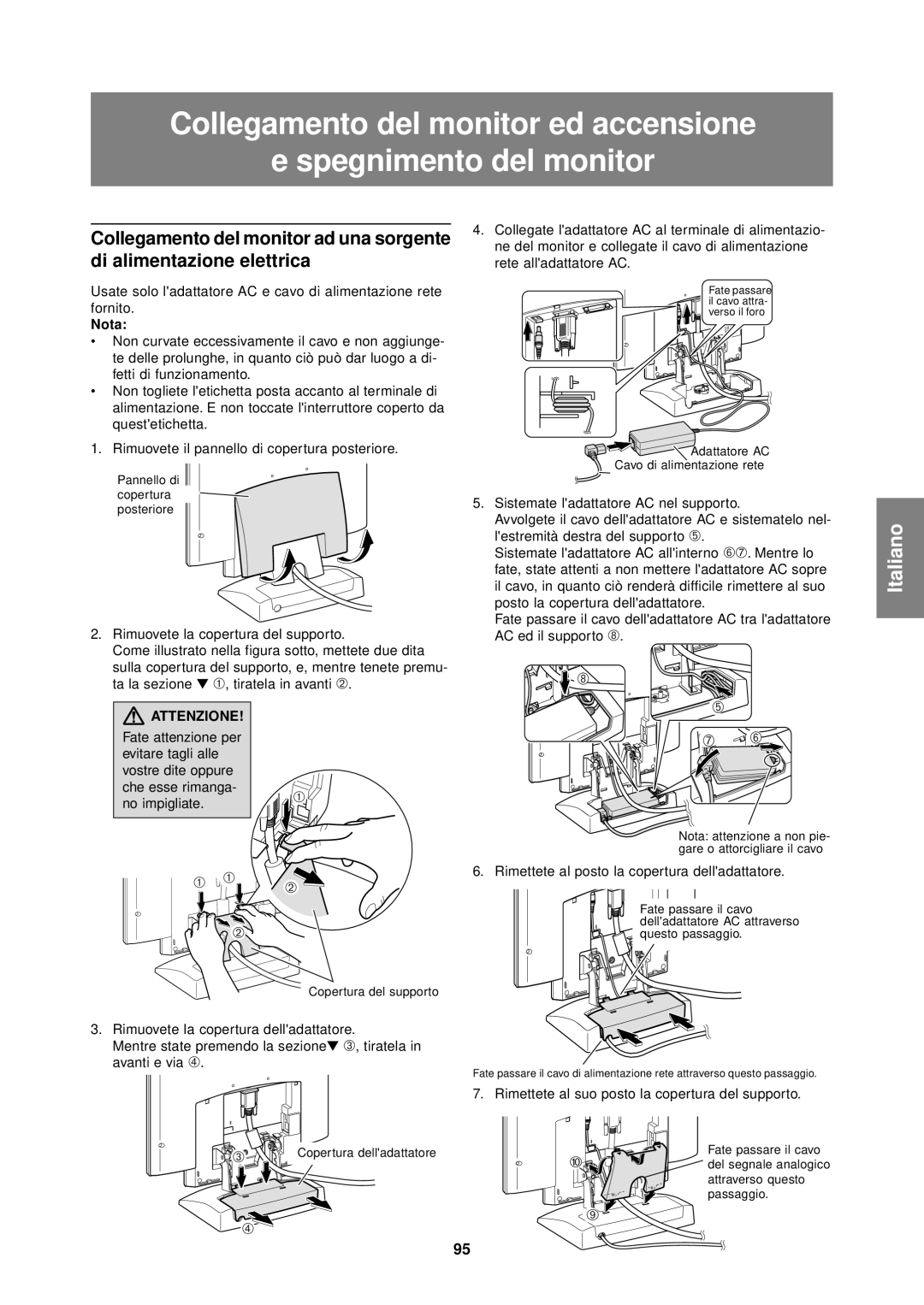 Sharp LL-T1610W operation manual Nota, Fate attenzione per, Vostre dite oppure Che esse rimanga No impigliate 