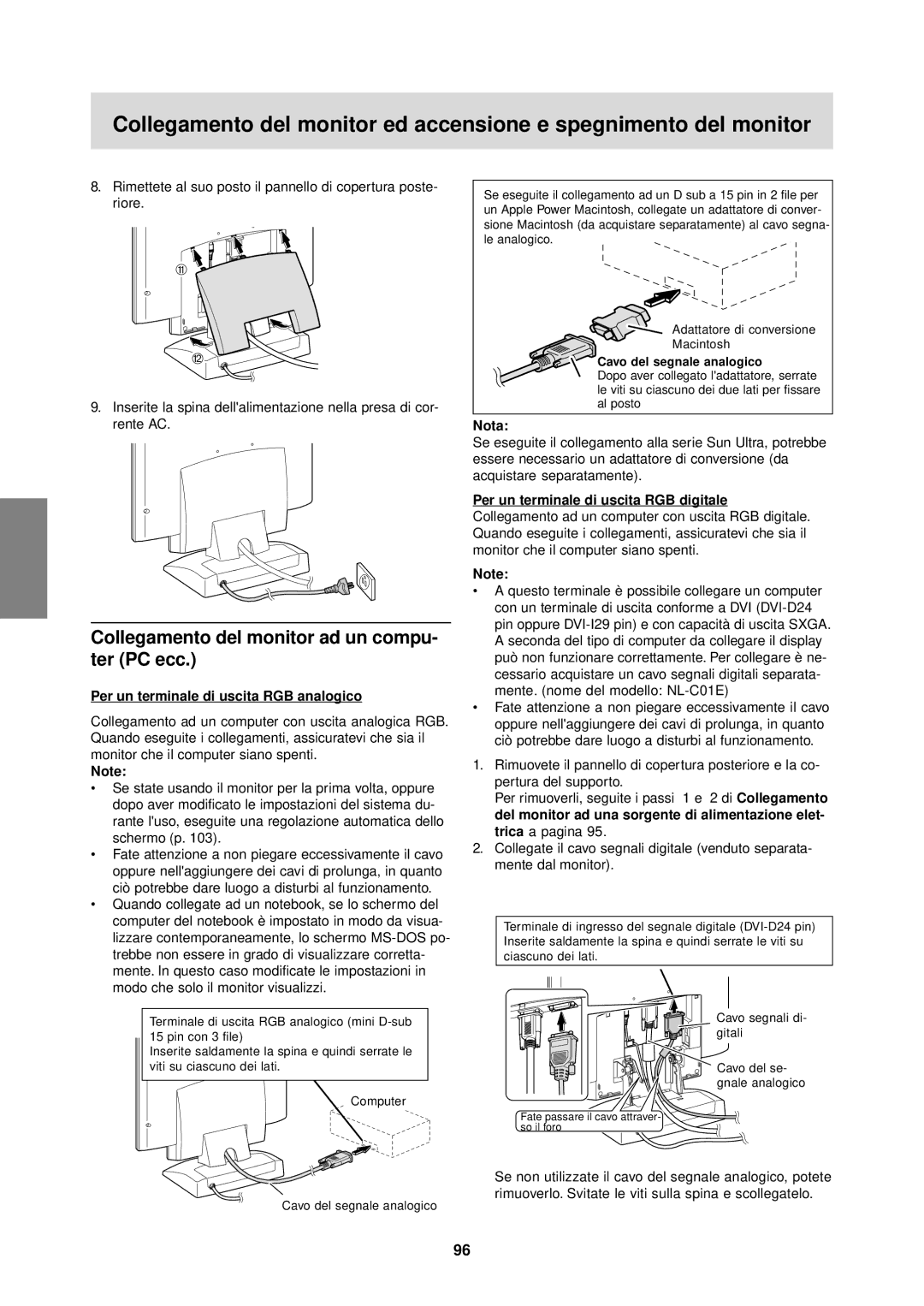 Sharp LL-T1610W operation manual Collegamento del monitor ad un compu- ter PC ecc, Per un terminale di uscita RGB analogico 