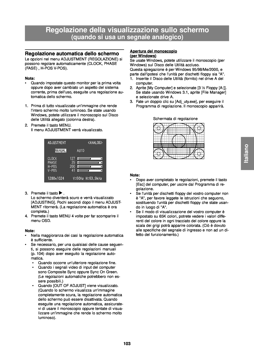Sharp LL-T1610W Regolazione della visualizzazione sullo schermo, quando si usa un segnale analogico, Italiano, Nota 