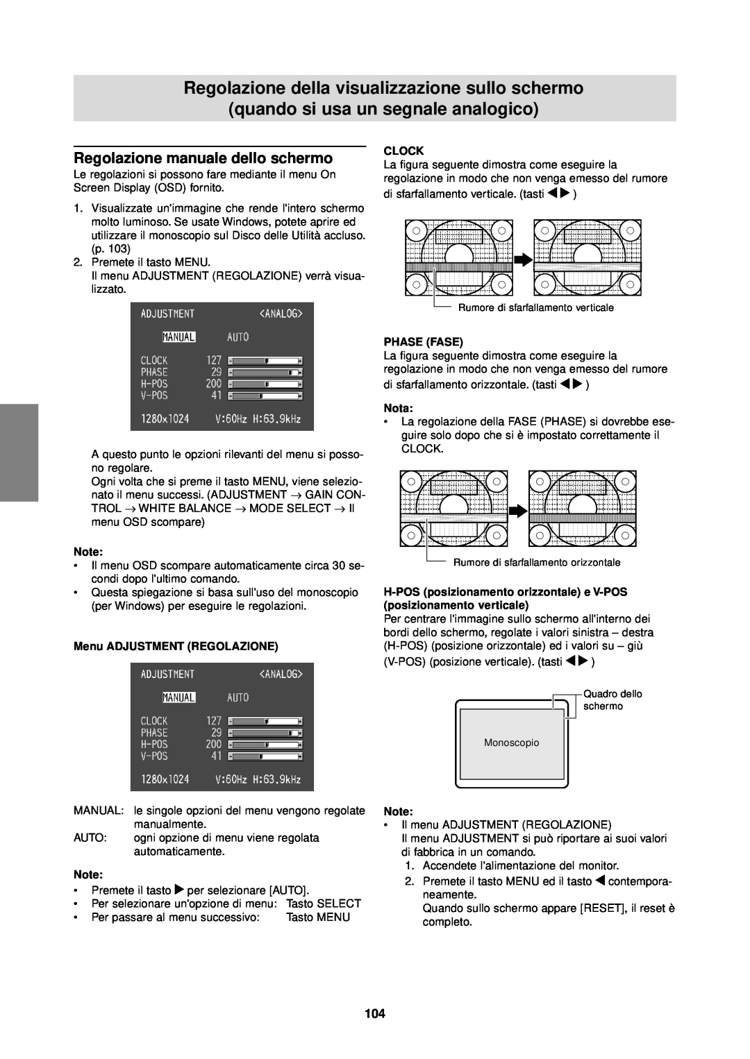 Sharp LL-T1610W Regolazione della visualizzazione sullo schermo, quando si usa un segnale analogico, Clock, Phase Fase 