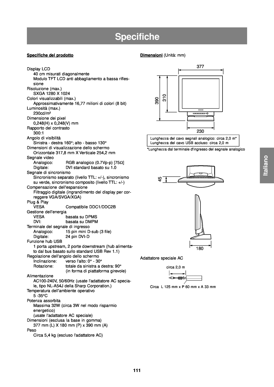 Sharp LL-T1610W operation manual Italiano, Specifiche del prodotto 