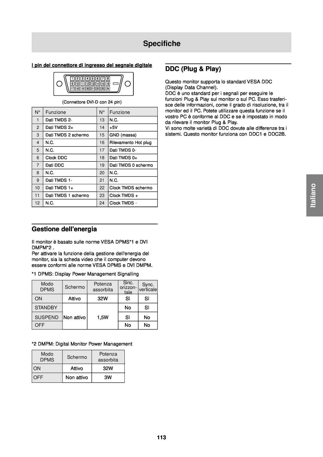 Sharp LL-T1610W operation manual Gestione dellenergia, Specifiche, Italiano, DDC Plug & Play 