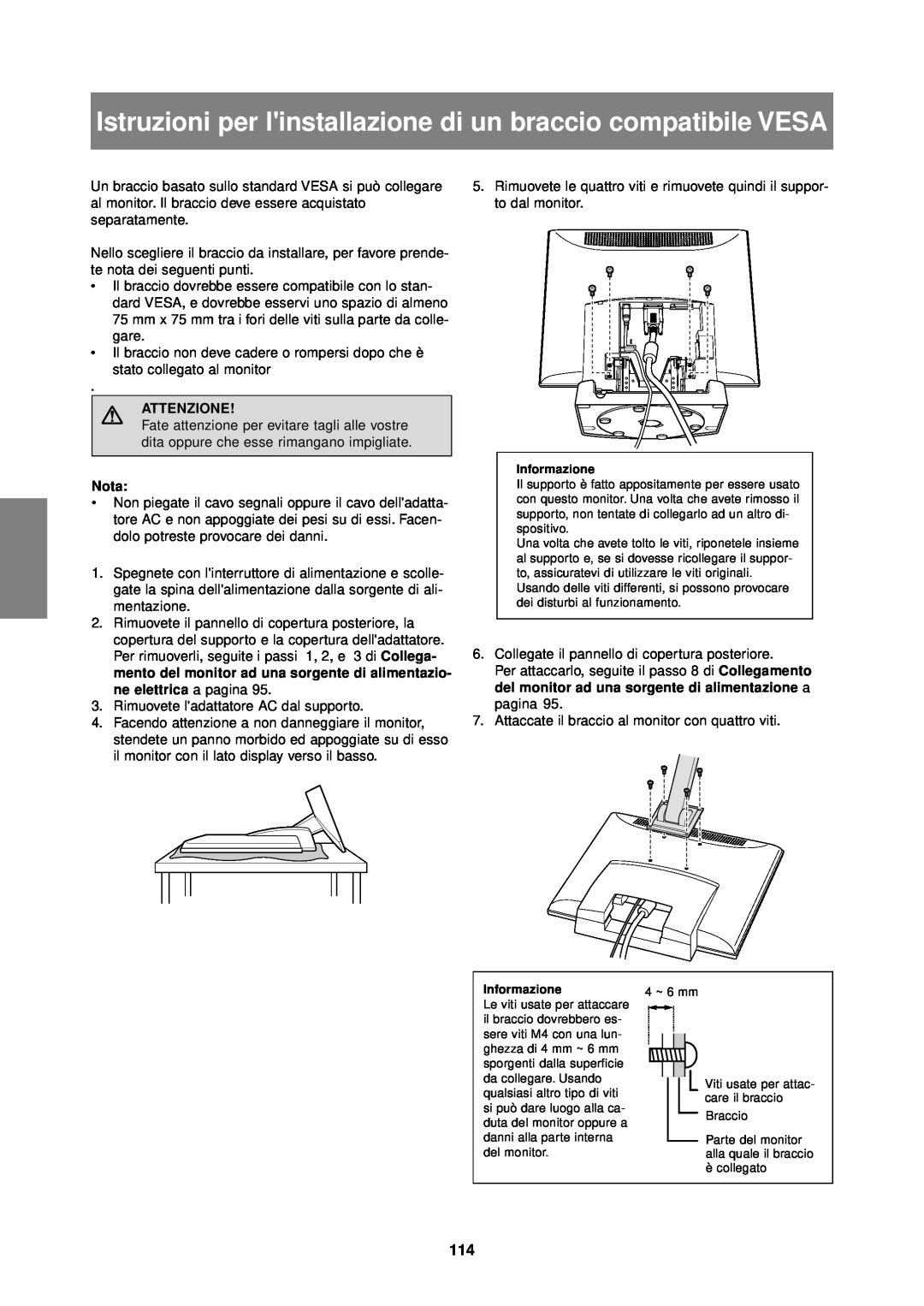 Sharp LL-T1610W operation manual Istruzioni per linstallazione di un braccio compatibile VESA, Attenzione, Nota 