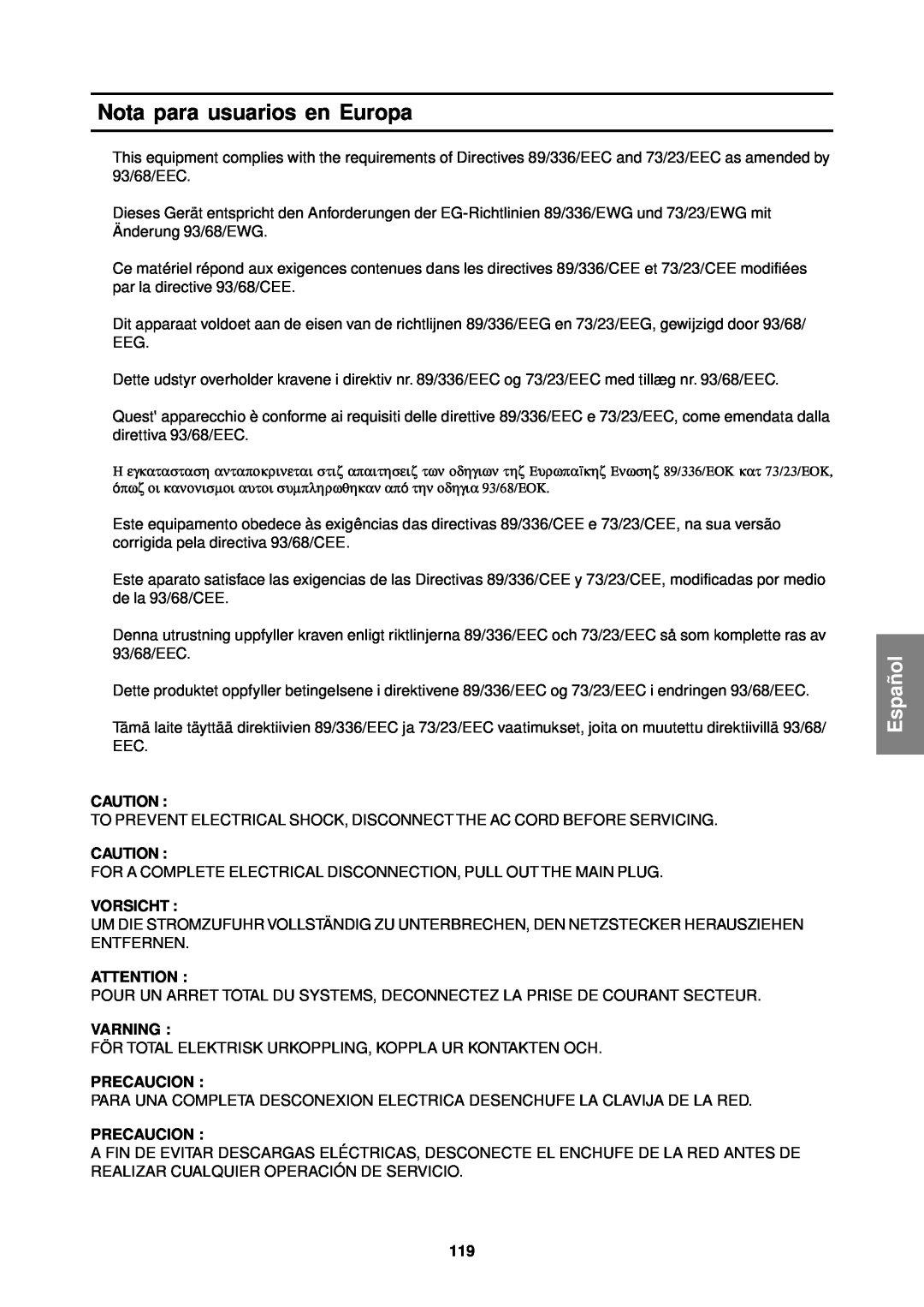 Sharp LL-T1610W operation manual Nota para usuarios en Europa, Español, Vorsicht, Varning, Precaucion 