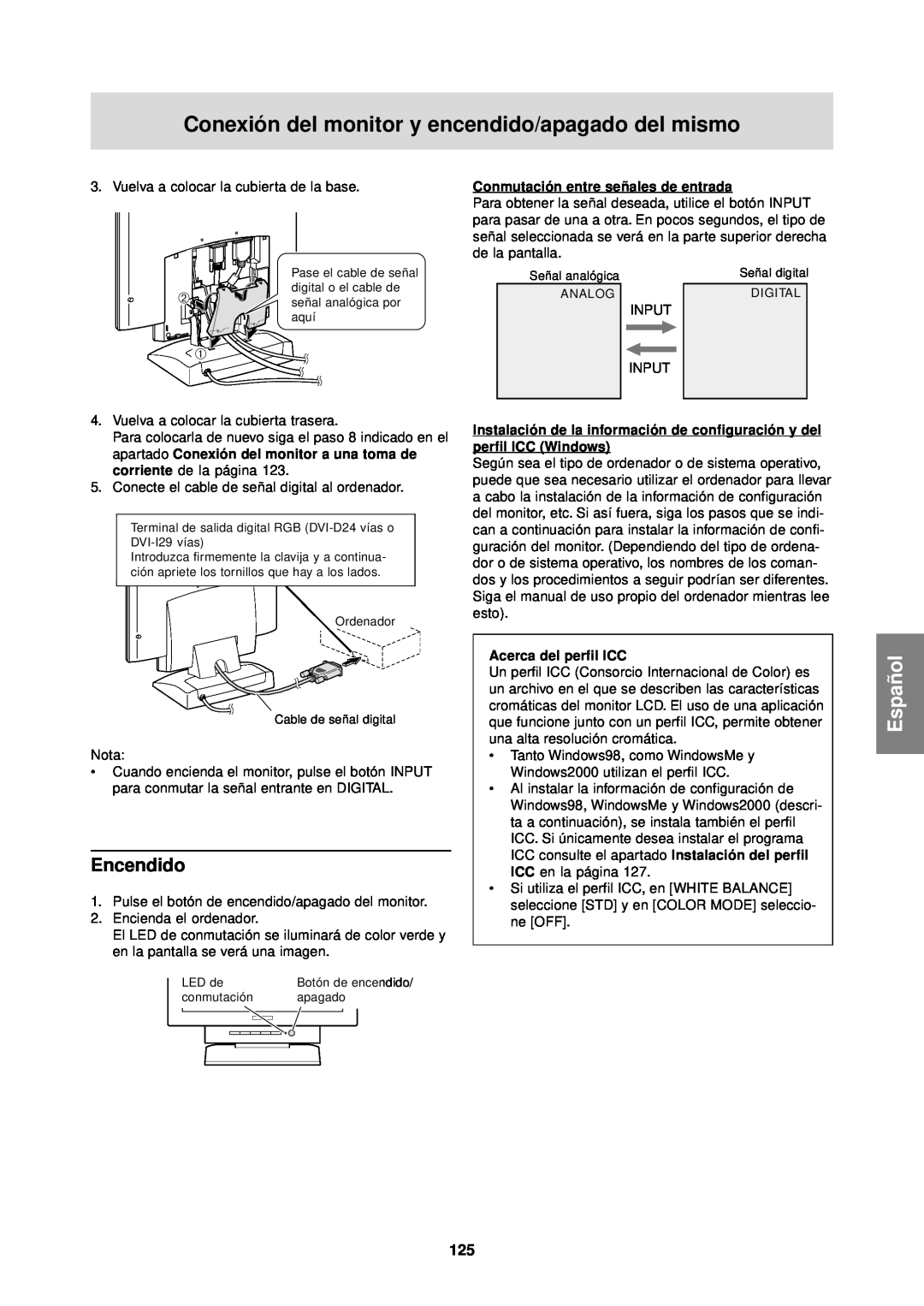 Sharp LL-T1610W operation manual Encendido, Conexión del monitor y encendido/apagado del mismo, Español, perfil ICC Windows 