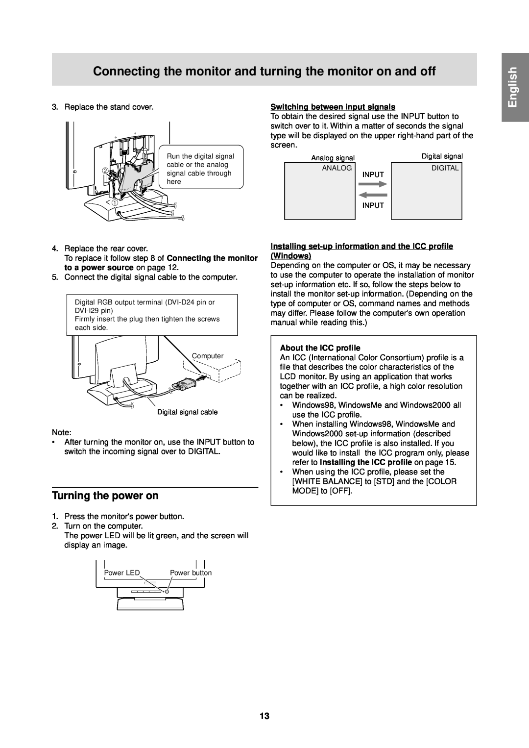Sharp LL-T1610W operation manual Turning the power on, Connecting the monitor and turning the monitor on and off, English 