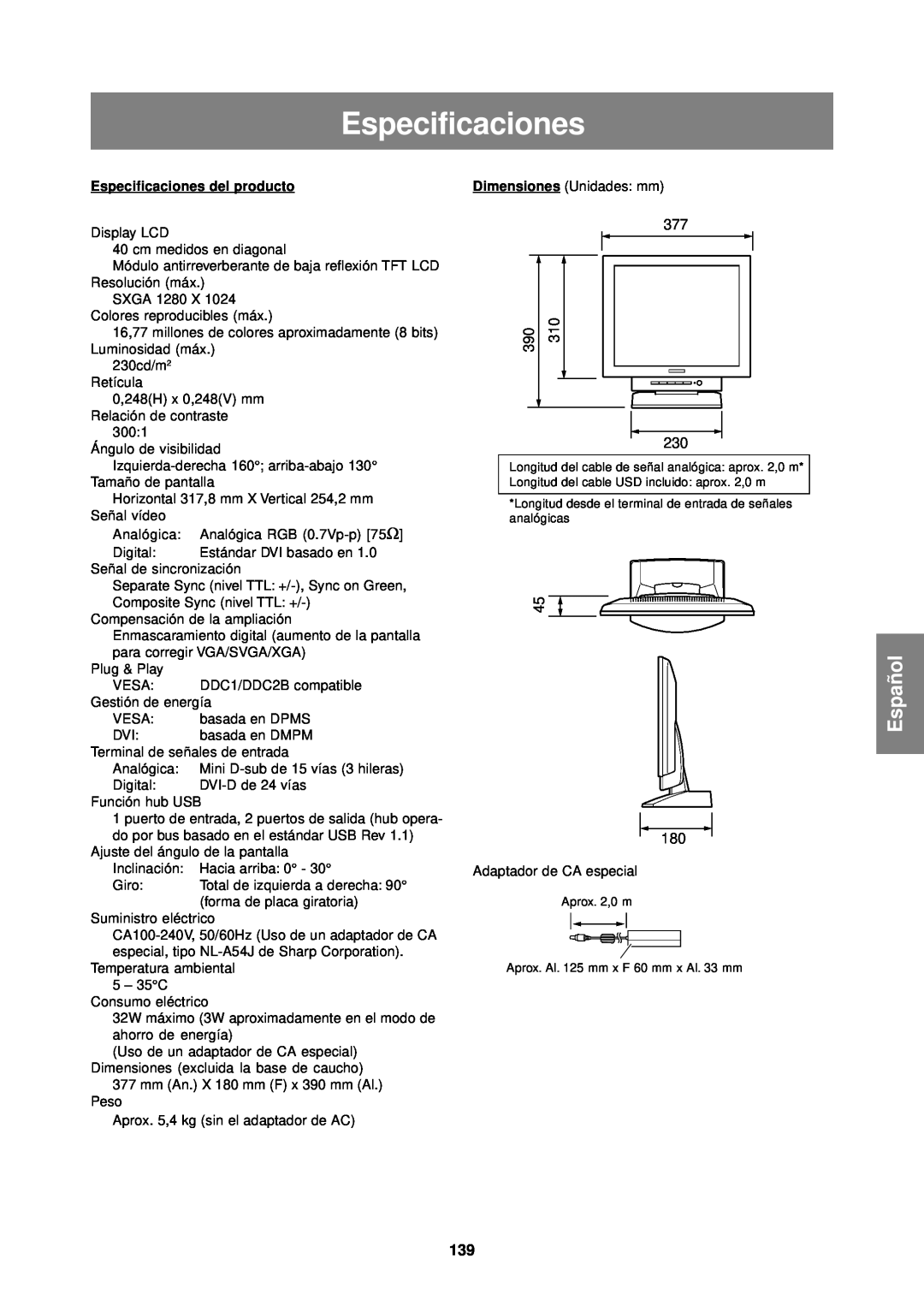 Sharp LL-T1610W operation manual Español, Especificaciones del producto 