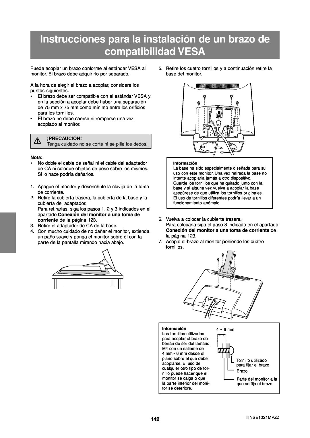 Sharp LL-T1610W operation manual Instrucciones para la instalación de un brazo de compatibilidad VESA, ¡Precaución, Nota 