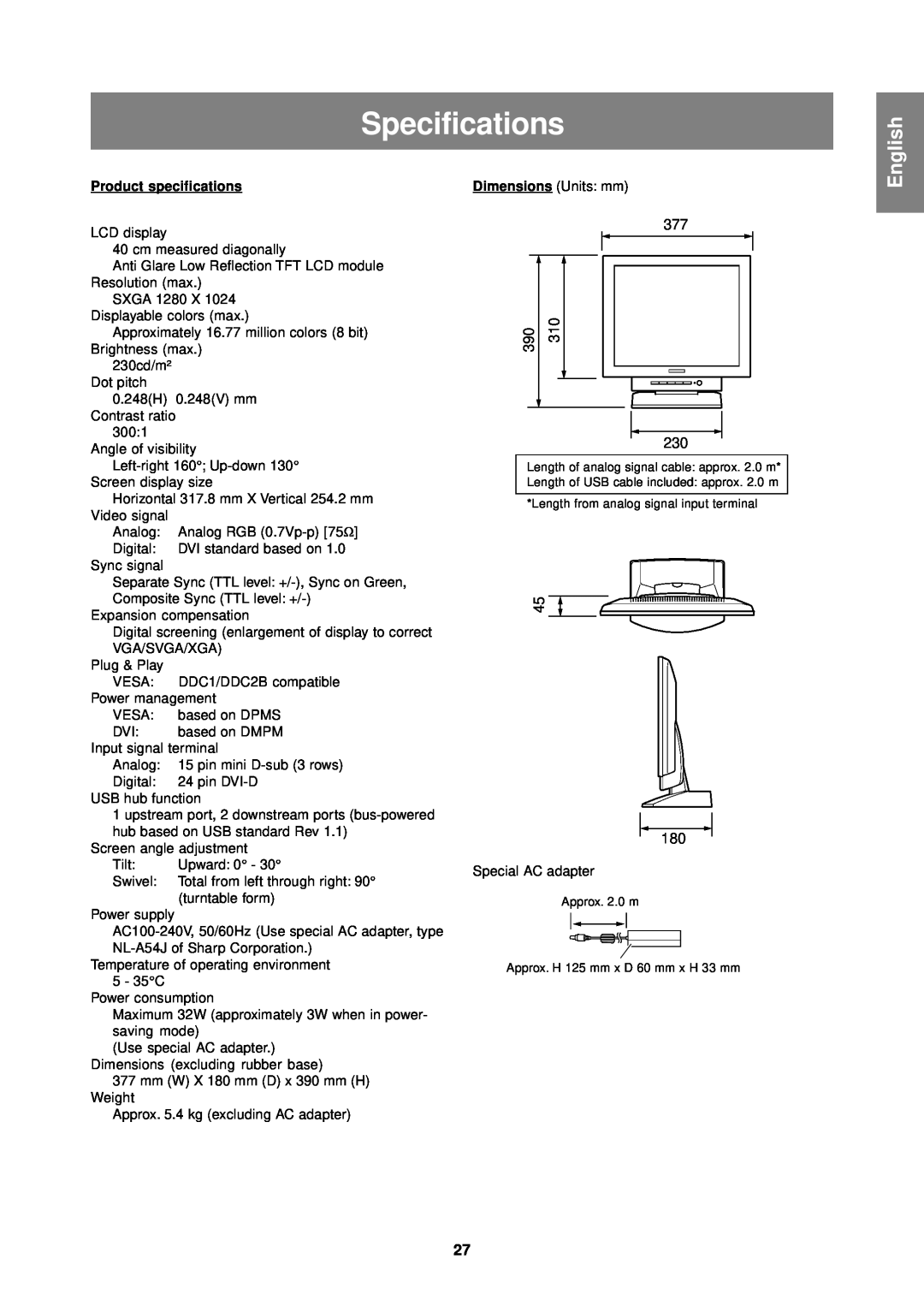 Sharp LL-T1610W operation manual Specifications, English, Product specifications 
