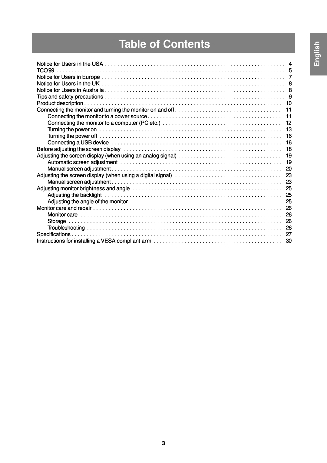 Sharp LL-T1610W operation manual Table of Contents, English 