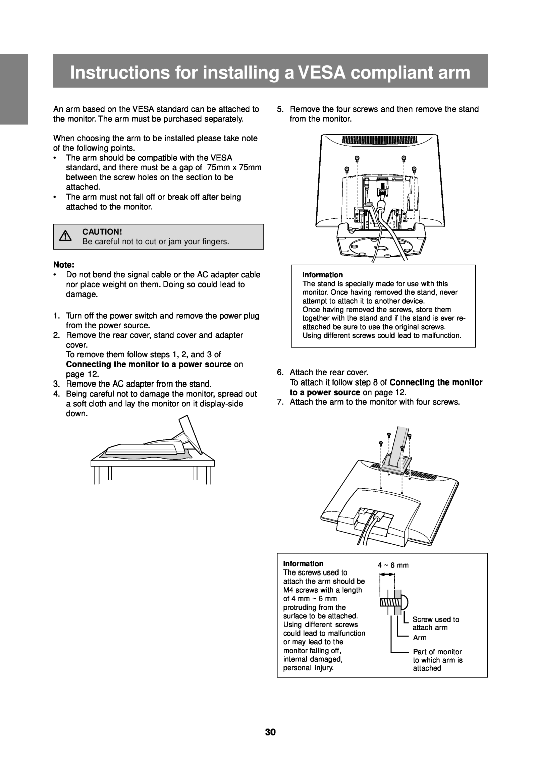 Sharp LL-T1610W operation manual Instructions for installing a VESA compliant arm 