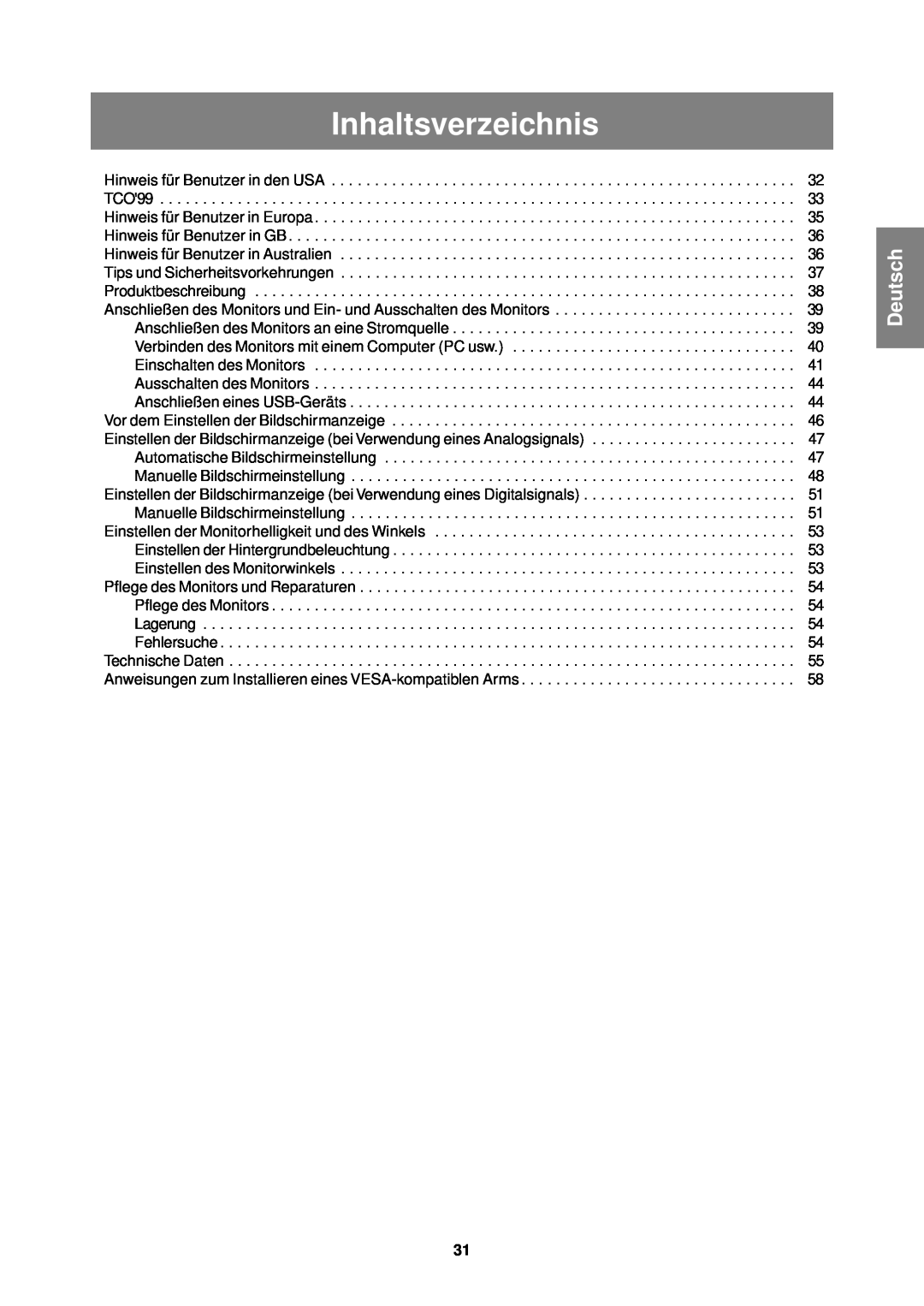 Sharp LL-T1610W operation manual Inhaltsverzeichnis, Deutsch 