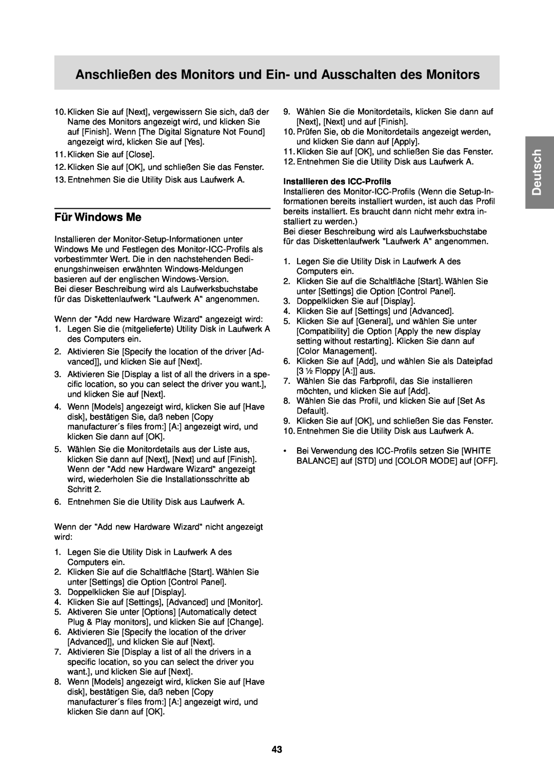 Sharp LL-T1610W operation manual Für Windows Me, Anschließen des Monitors und Ein- und Ausschalten des Monitors, Deutsch 