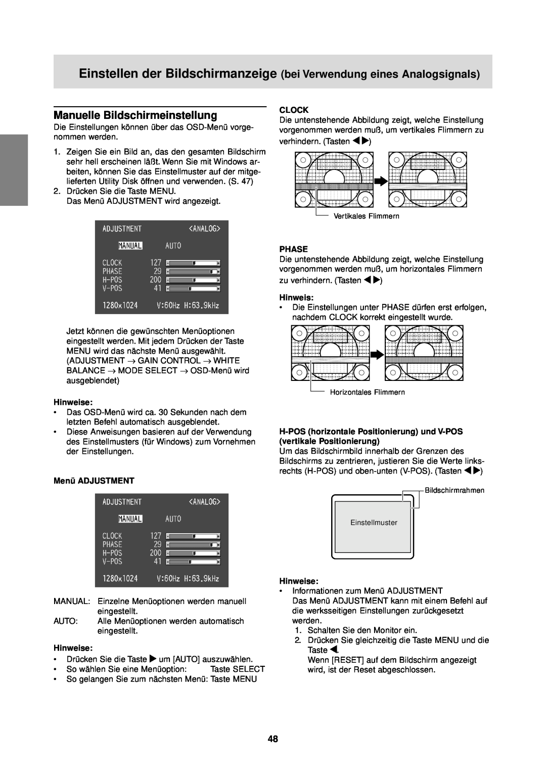 Sharp LL-T1610W Einstellen der Bildschirmanzeige bei Verwendung eines Analogsignals, Manuelle Bildschirmeinstellung, Clock 
