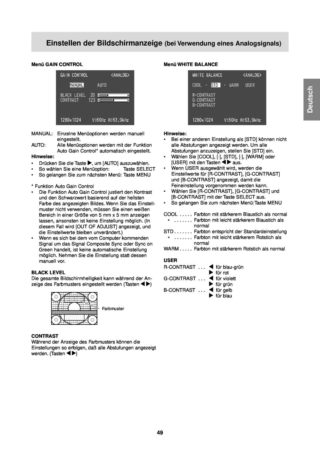 Sharp LL-T1610W Deutsch, Einstellen der Bildschirmanzeige bei Verwendung eines Analogsignals, Menü GAIN CONTROL, Hinweise 