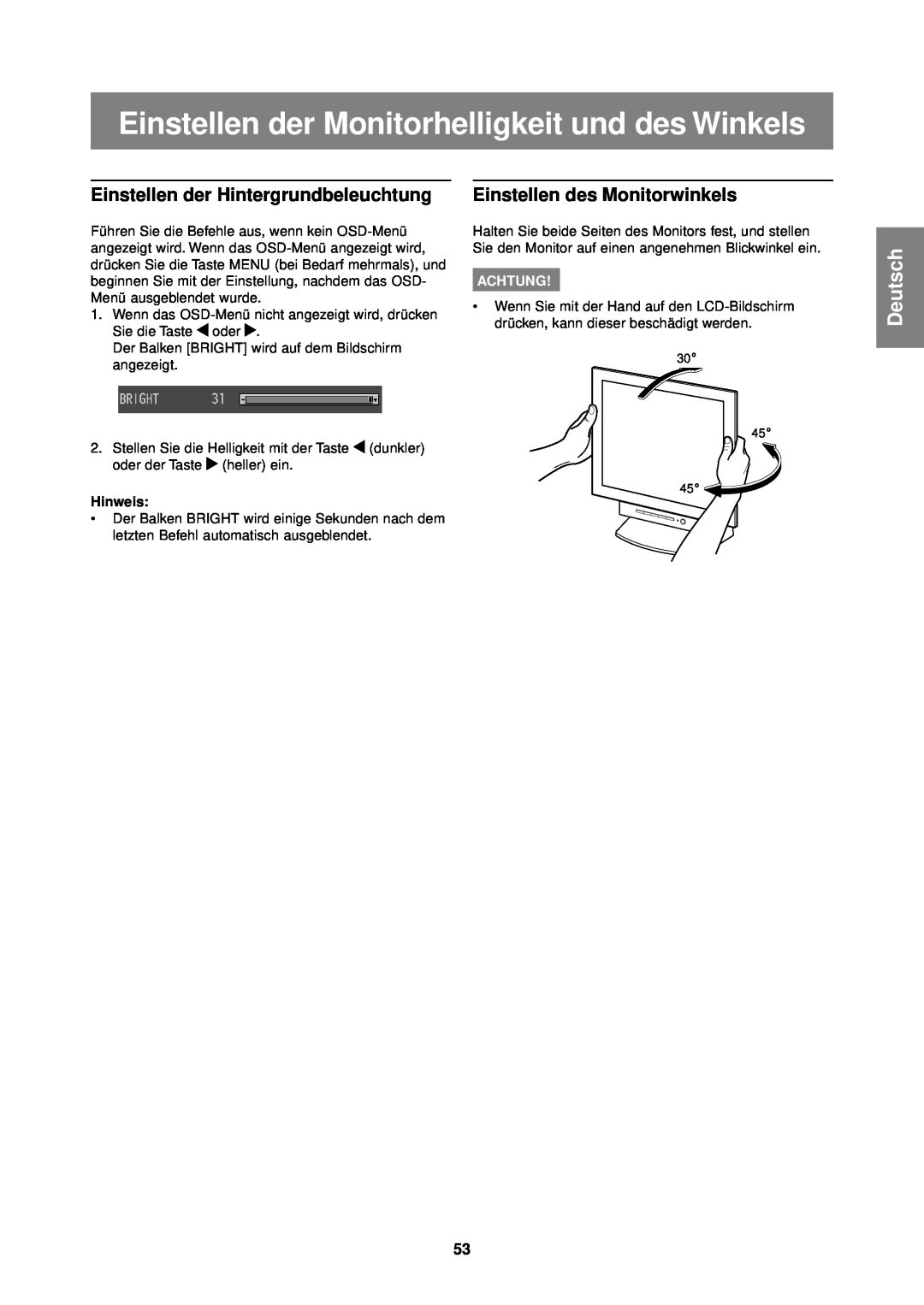 Sharp LL-T1610W Einstellen der Monitorhelligkeit und des Winkels, Einstellen der Hintergrundbeleuchtung, Deutsch, Hinweis 