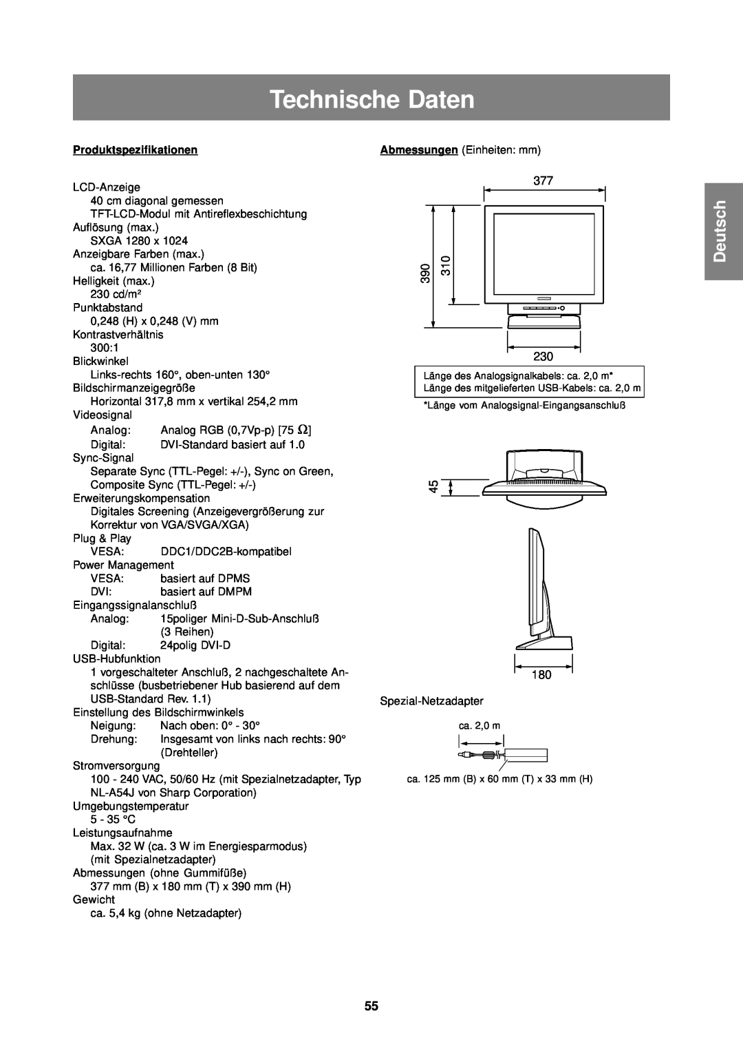 Sharp LL-T1610W operation manual Technische Daten, Deutsch, Produktspezifikationen 