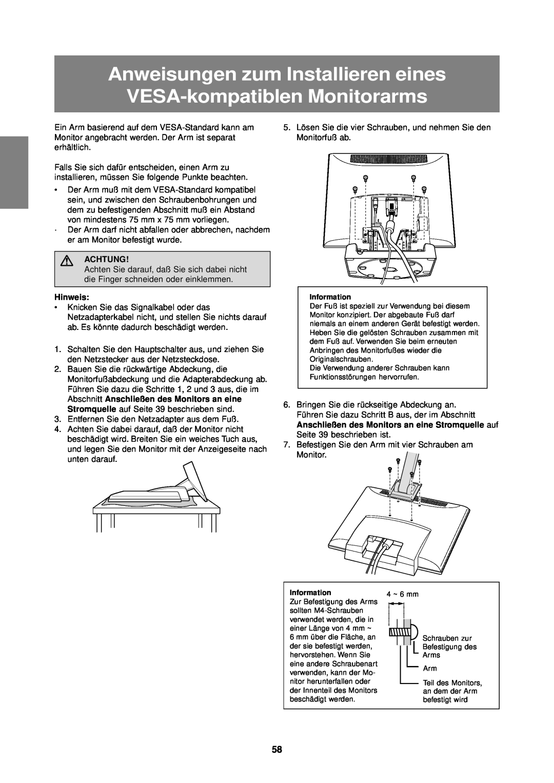 Sharp LL-T1610W operation manual Anweisungen zum Installieren eines VESA-kompatiblen Monitorarms, Achtung, Hinweis 