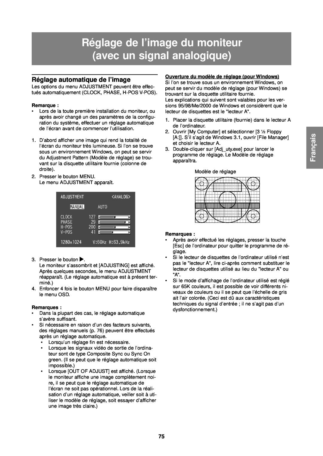 Sharp LL-T1610W Réglage de l’image du moniteur avec un signal analogique, Réglage automatique de l’image, Français 