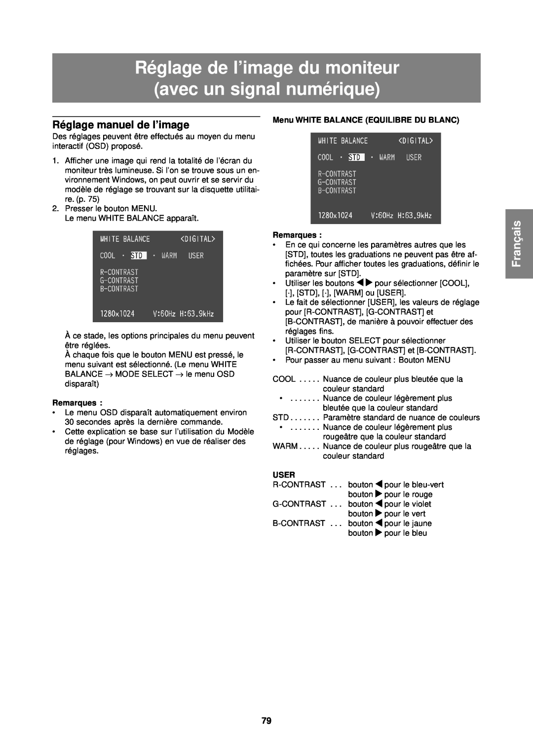 Sharp LL-T1610W Réglage de l’image du moniteur avec un signal numérique, Français, Réglage manuel de l’image, Remarques 