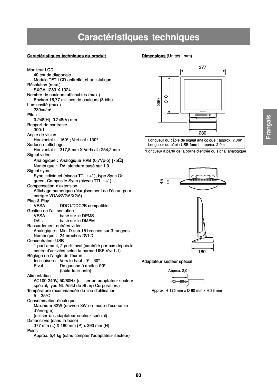 Sharp LL-T1610W operation manual Caractéristiques techniques, Français, Caractéristiques tec hniques du produit 
