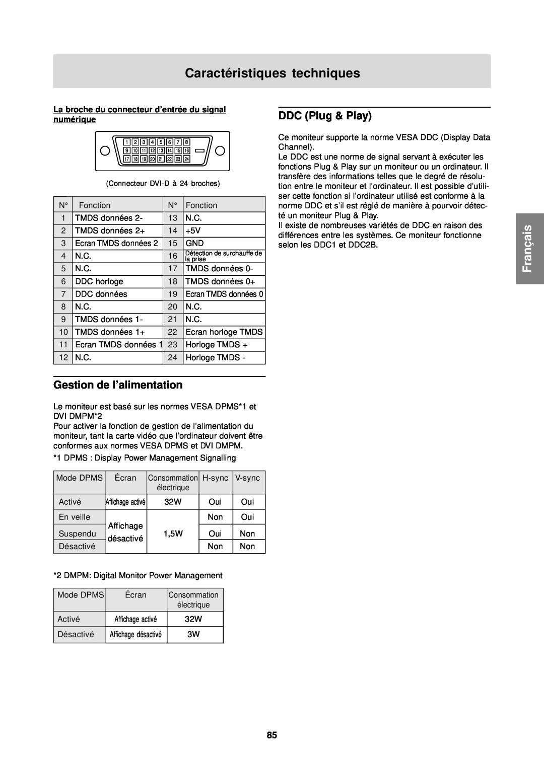 Sharp LL-T1610W operation manual Gestion de l’alimentation, Caractéristiques techniques, Français, DDC Plug & Play 