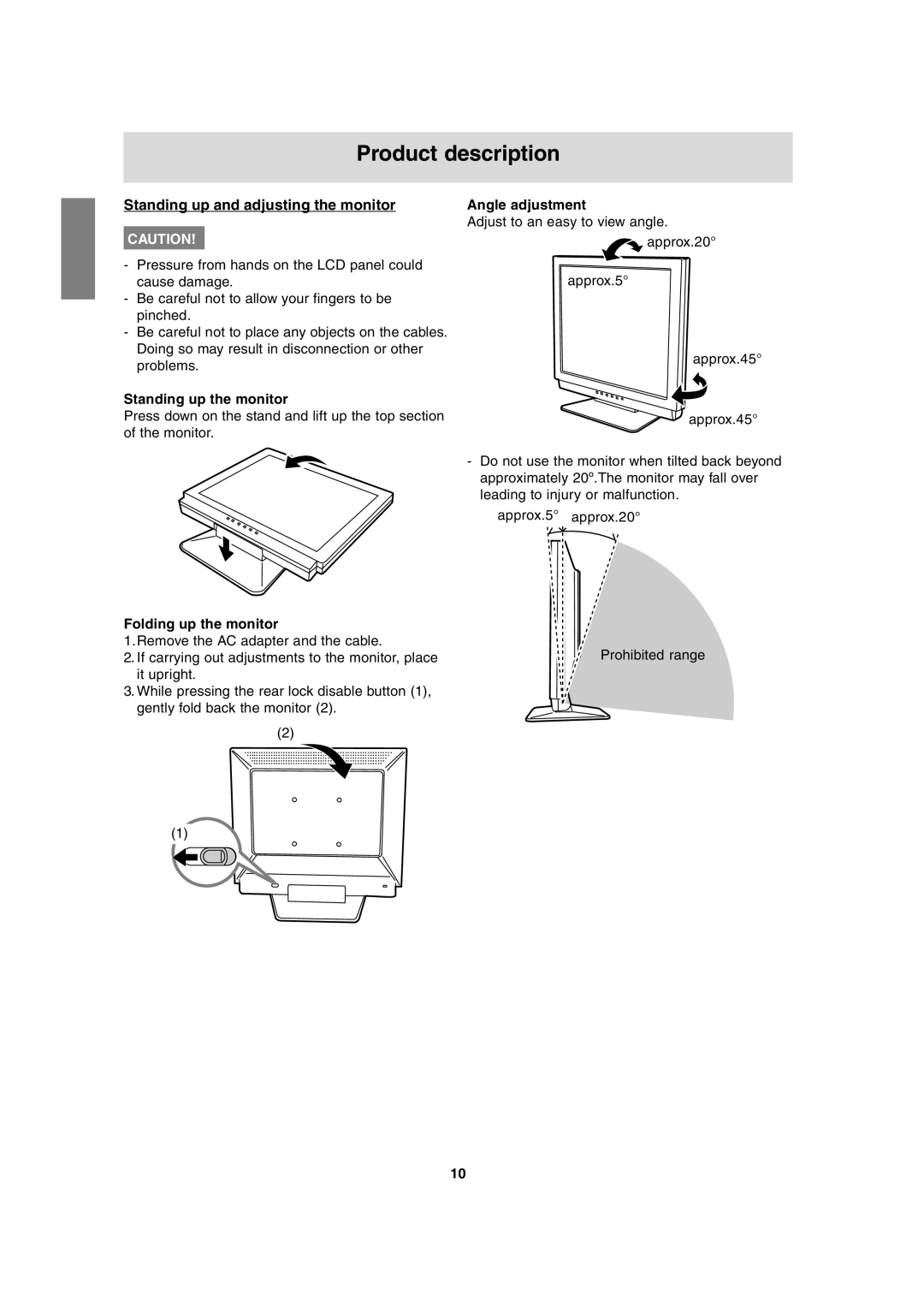 Sharp LL-T17A3 Product description, Standing up and adjusting the monitor, Standing up the monitor, Folding up the monitor 