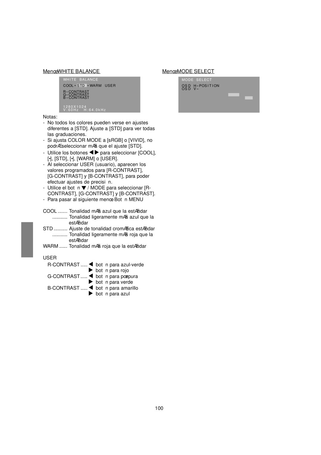 Sharp LL-T17A3 operation manual Menú White Balance, Menú Mode Select 