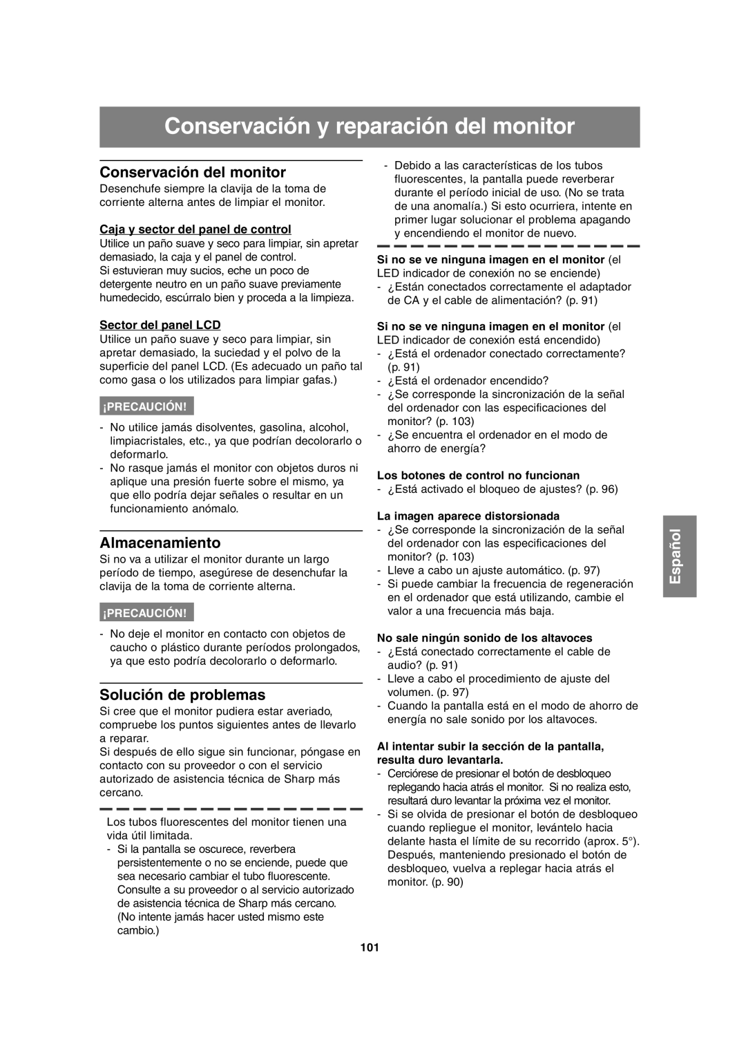 Sharp LL-T17A3 Conservación y reparación del monitor, Conservación del monitor, Almacenamiento, Solución de problemas 