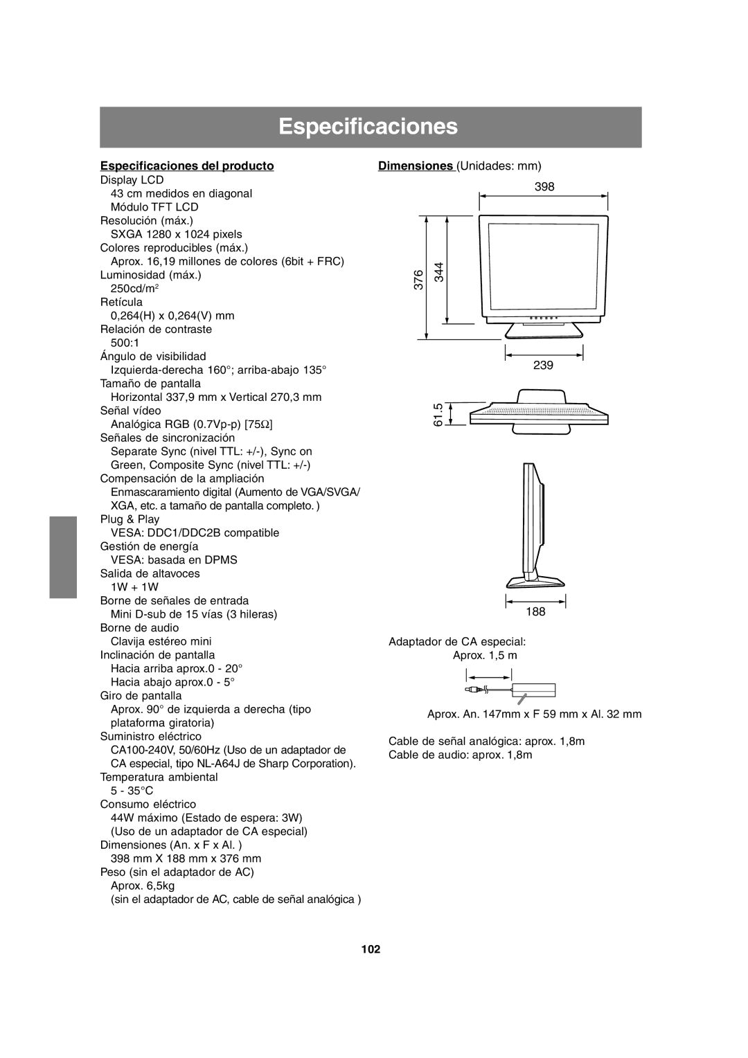 Sharp LL-T17A3 operation manual Especificaciones del producto, 102 