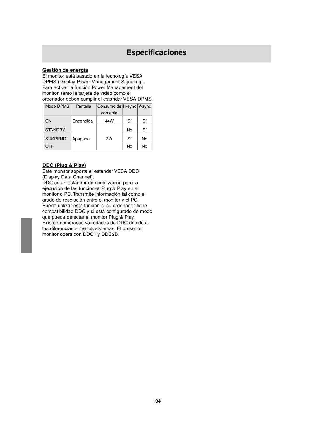 Sharp LL-T17A3 operation manual Gestión de energía, 104 