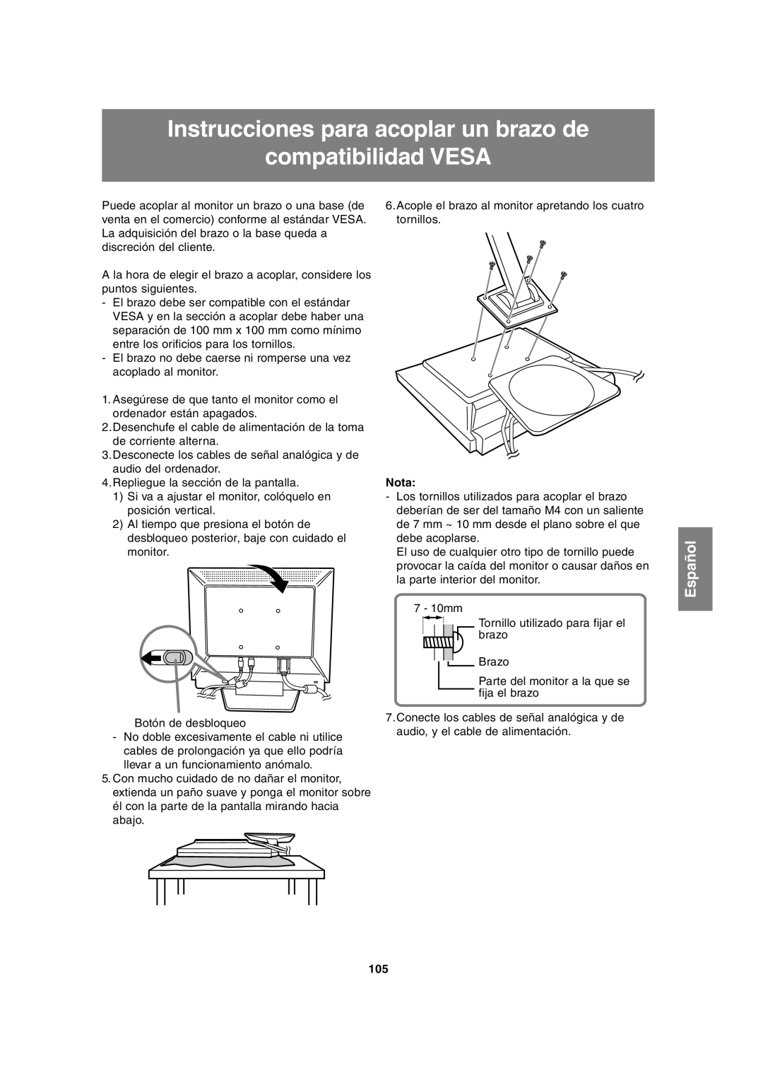 Sharp LL-T17A3 operation manual Instrucciones para acoplar un brazo de Compatibilidad Vesa, 105 