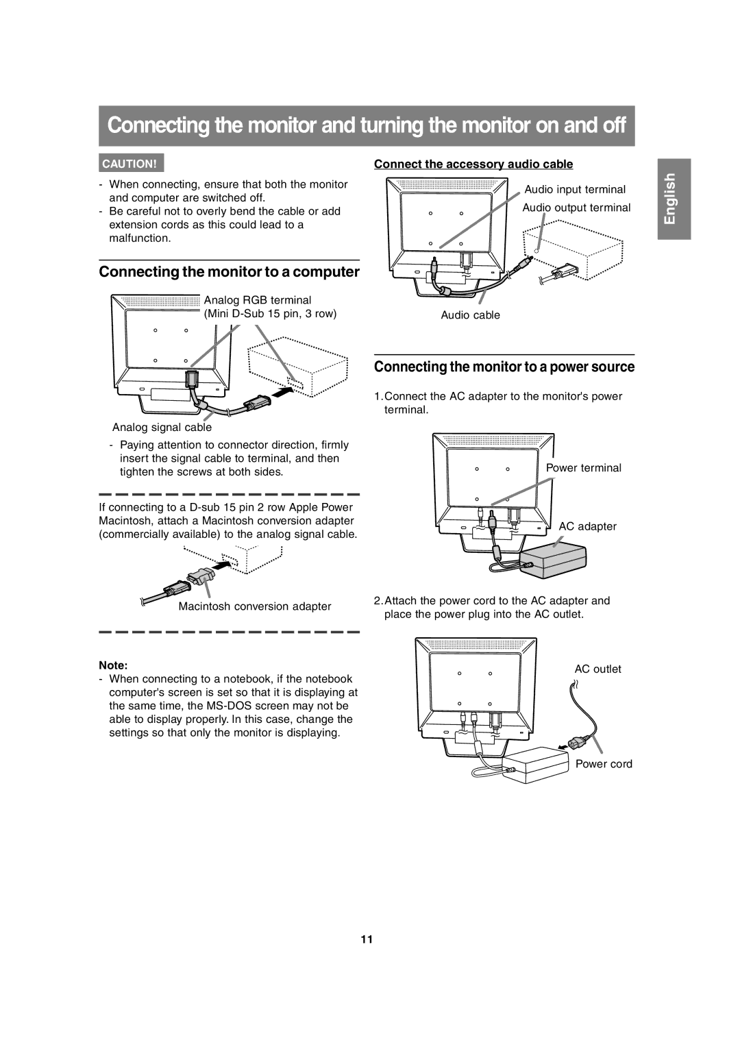 Sharp LL-T17A3 Connecting the monitor to a computer, Connect the accessory audio cable, Macintosh conversion adapter 